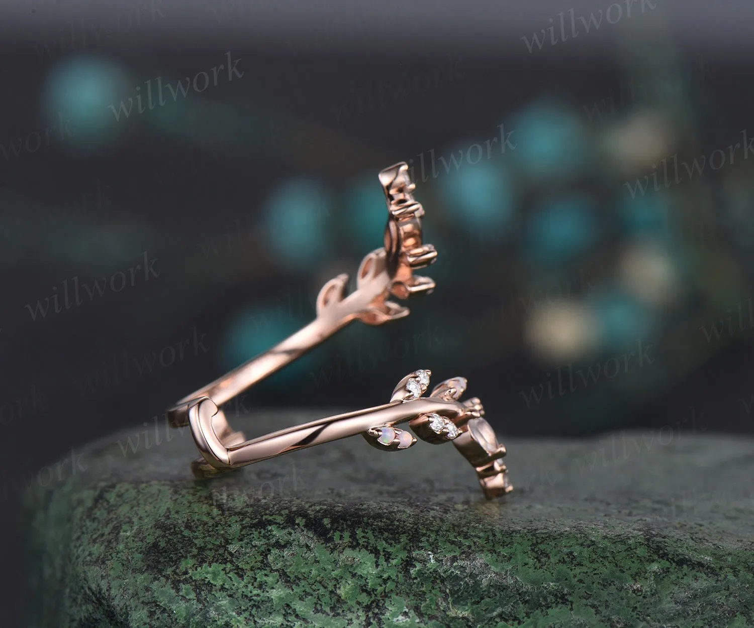 Opal moonstone leaf wedding band enhancer wraps solid 14k rose gold cluster double open gap diamond ring women art deco anniversary gift sold by Willwork Jewelry product image thumbnail 4
