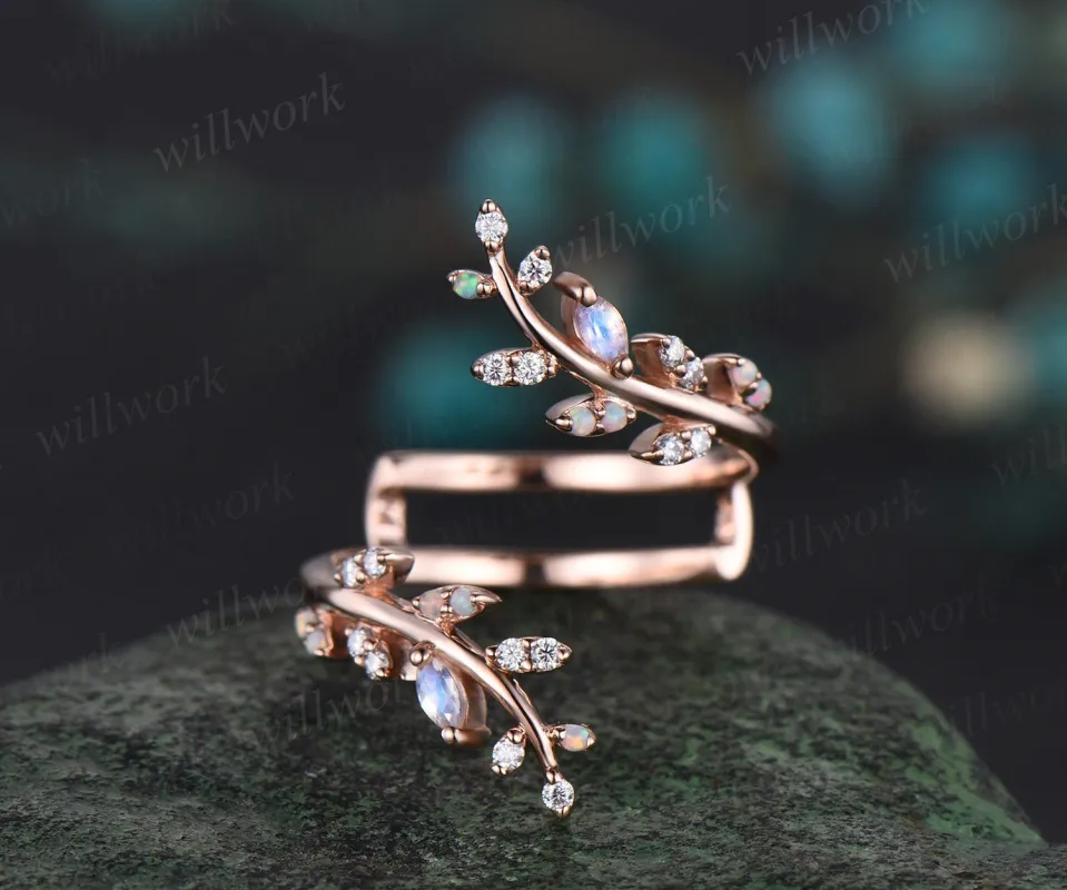 Opal moonstone leaf wedding band enhancer wraps solid 14k rose gold cluster double open gap diamond ring women art deco anniversary gift sold by Willwork Jewelry
