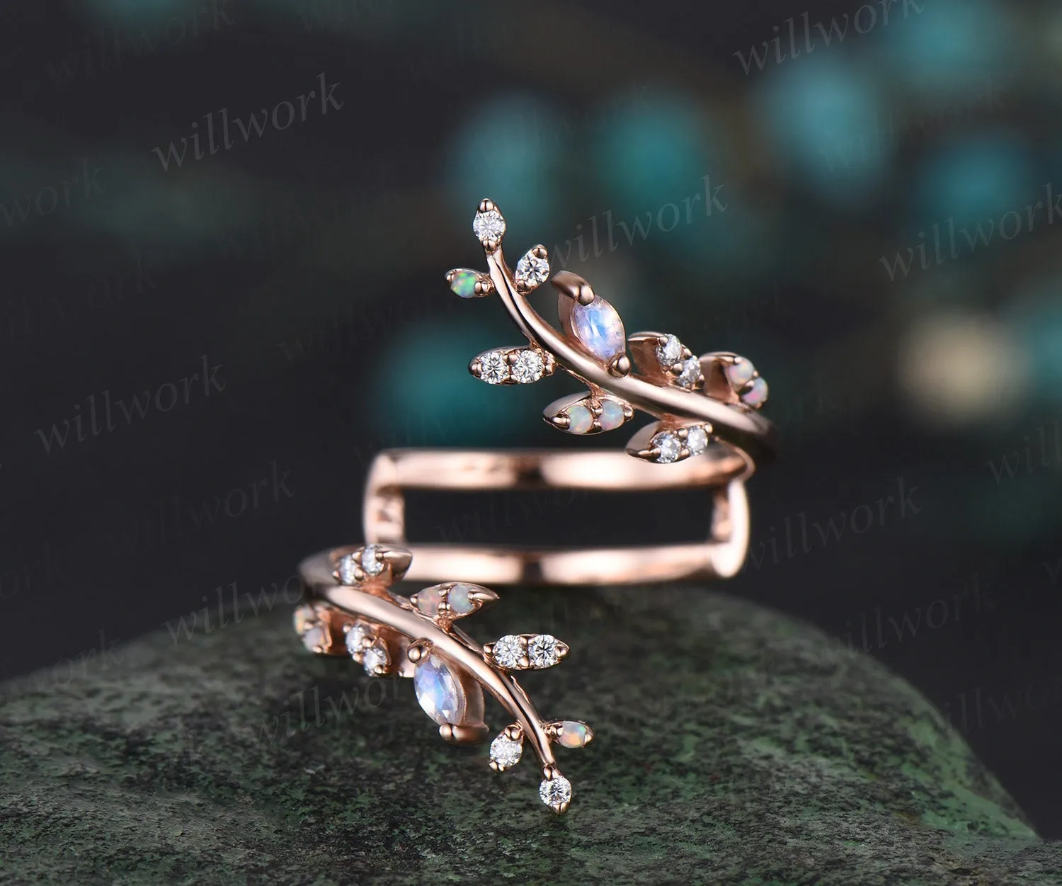 Opal moonstone leaf wedding band enhancer wraps solid 14k rose gold cluster double open gap diamond ring women art deco anniversary gift sold by Willwork Jewelry
