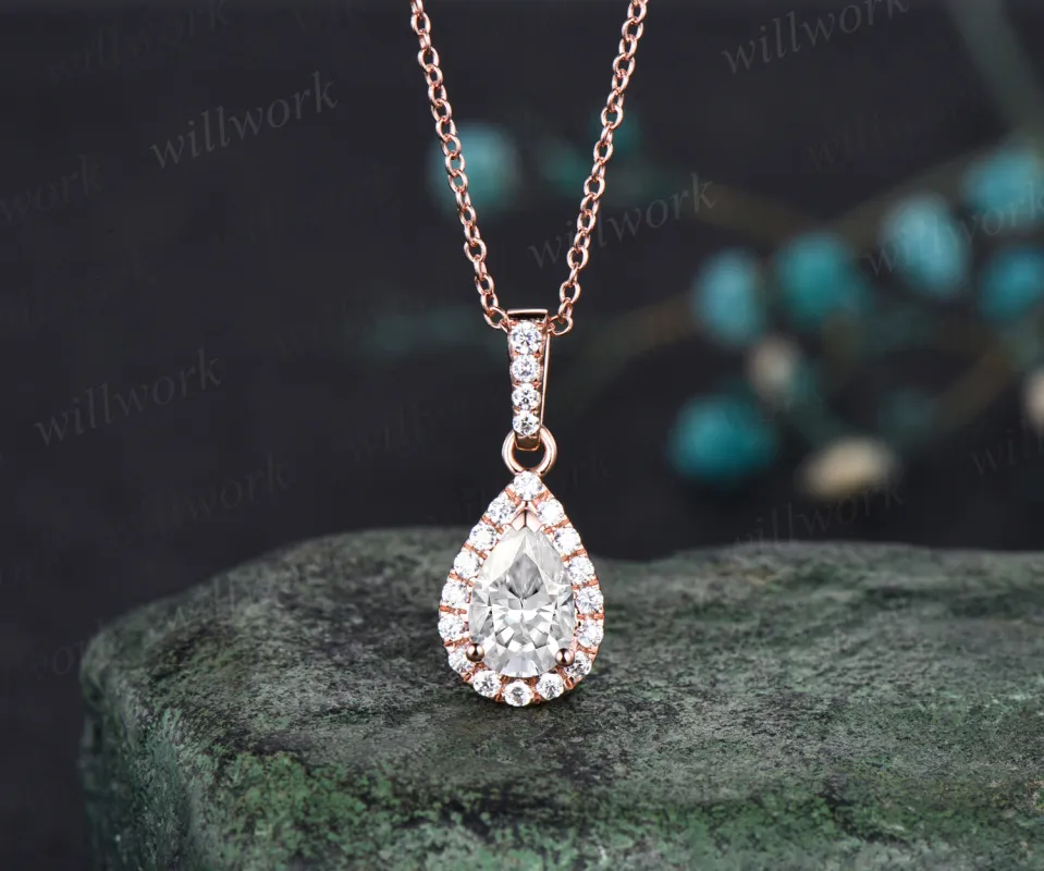 Pear shaped moissanite  Necklace Solid 14k Rose Gold Vintage Unique Halo Diamond Necklace Pendant Women June Birthstone Anniversary Gift sold by Willwork Jewelry
