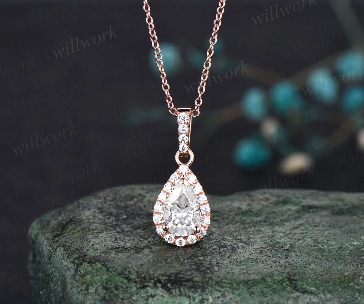 Pear shaped moissanite Necklace Solid 14k Rose Gold Vintage Unique Halo Diamond Necklace Pendant Women June Birthstone Anniversary Gift sold by Willwork Jewelry