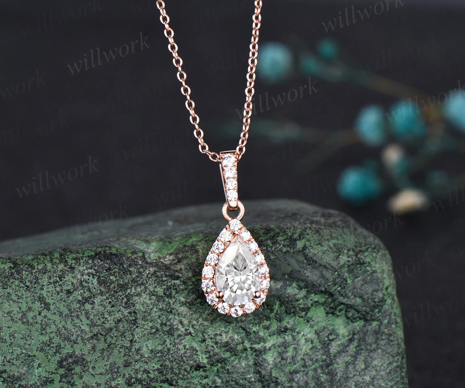 Pear shaped moissanite Necklace Solid 14k Rose Gold Vintage Unique Halo Diamond Necklace Pendant Women June Birthstone Anniversary Gift sold by Willwork Jewelry product image thumbnail 4