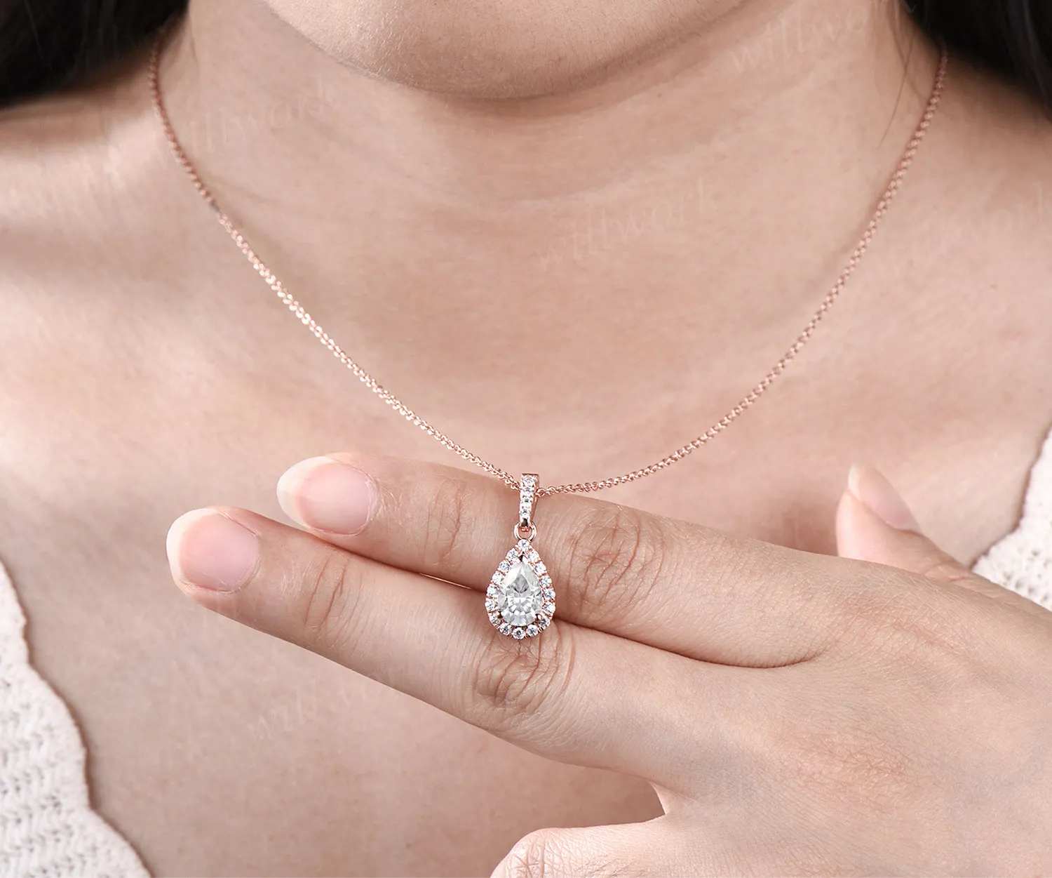 Pear shaped moissanite Necklace Solid 14k Rose Gold Vintage Unique Halo Diamond Necklace Pendant Women June Birthstone Anniversary Gift sold by Willwork Jewelry product image thumbnail 2