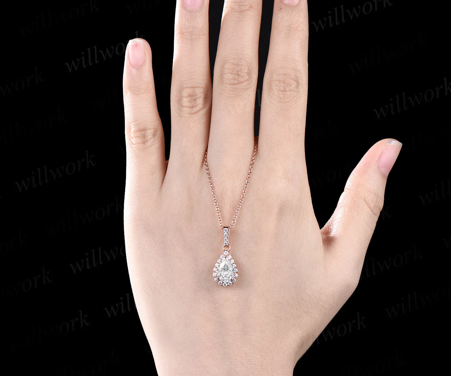 Pear shaped moissanite Necklace Solid 14k Rose Gold Vintage Unique Halo Diamond Necklace Pendant Women June Birthstone Anniversary Gift sold by Willwork Jewelry product image thumbnail 3