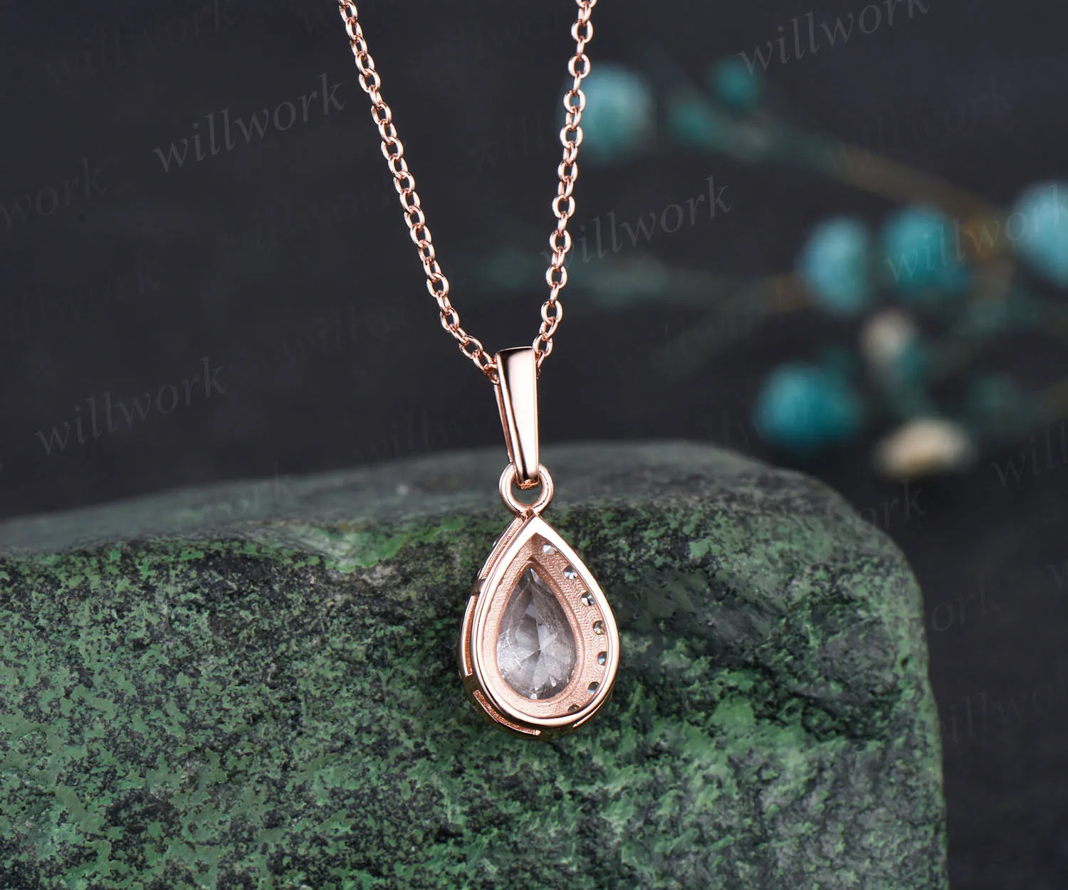 Pear shaped moissanite Necklace Solid 14k Rose Gold Vintage Unique Halo Diamond Necklace Pendant Women June Birthstone Anniversary Gift sold by Willwork Jewelry product image thumbnail 5