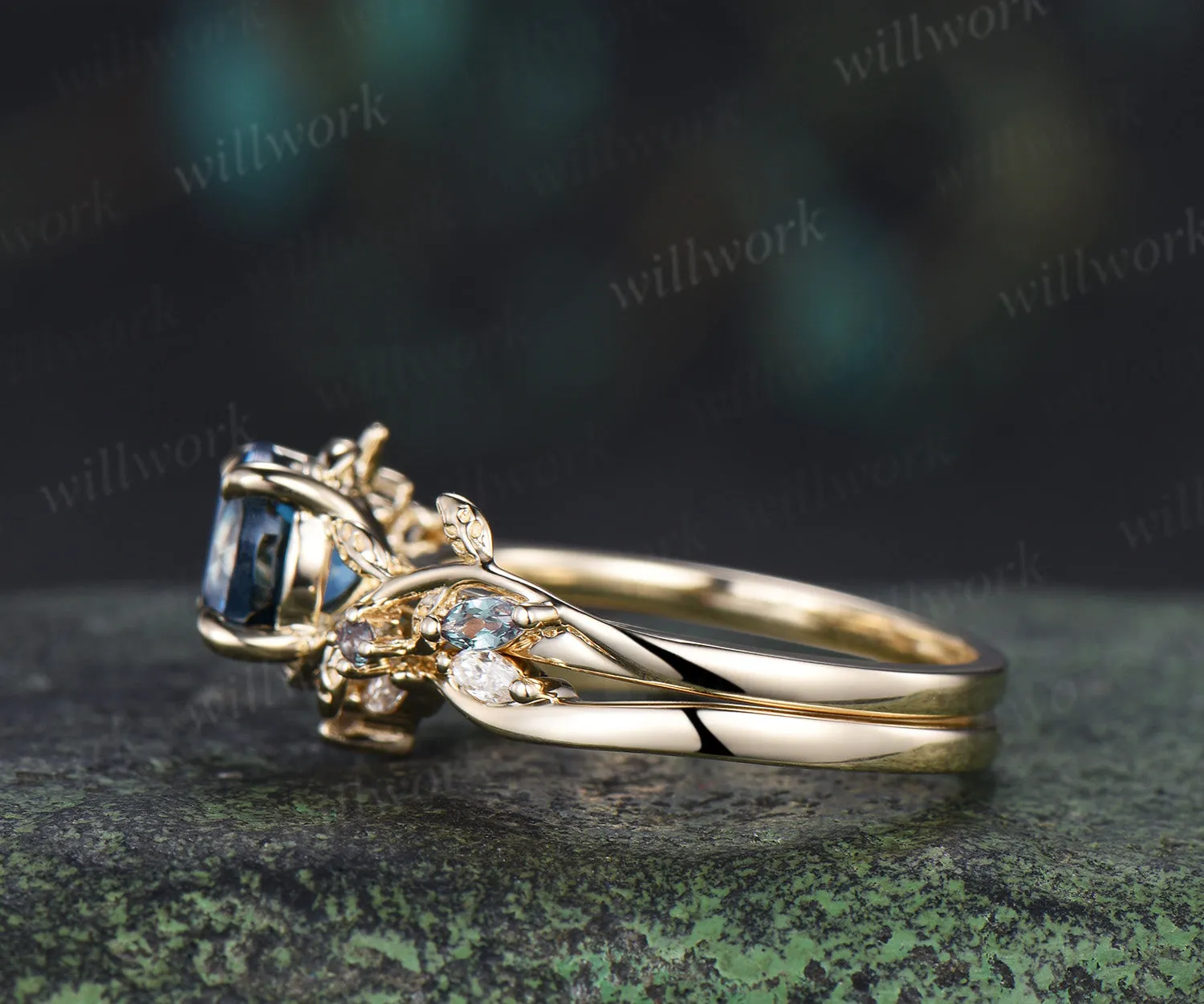 Nature inspired round London blue topaz ring set leaf twig alexandrite ring moonstone moissanite wave band bridal set sold by Willwork Jewelry product image thumbnail 3