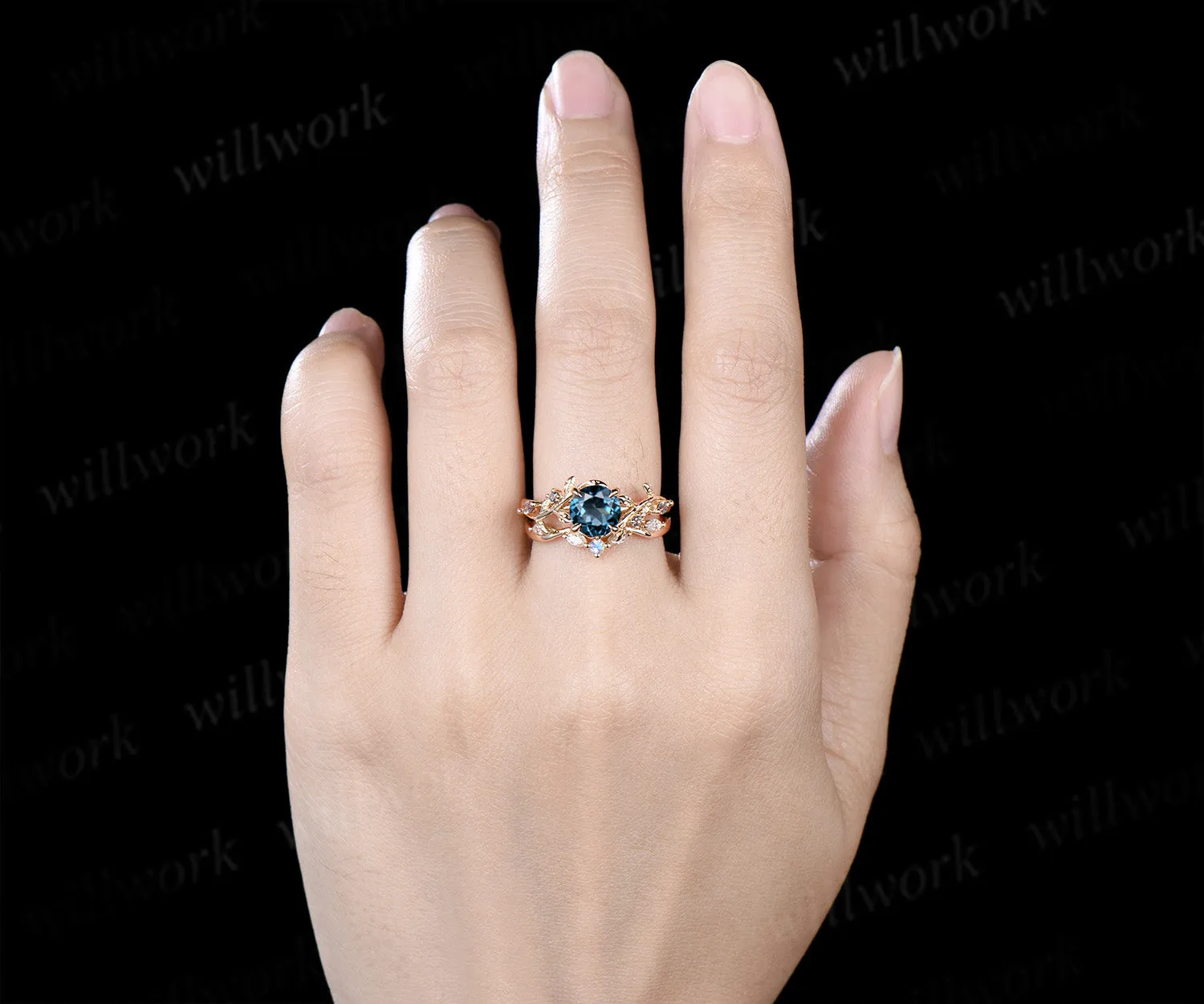 Nature inspired round London blue topaz ring set leaf twig alexandrite ring moonstone moissanite wave band bridal set sold by Willwork Jewelry product image thumbnail 2