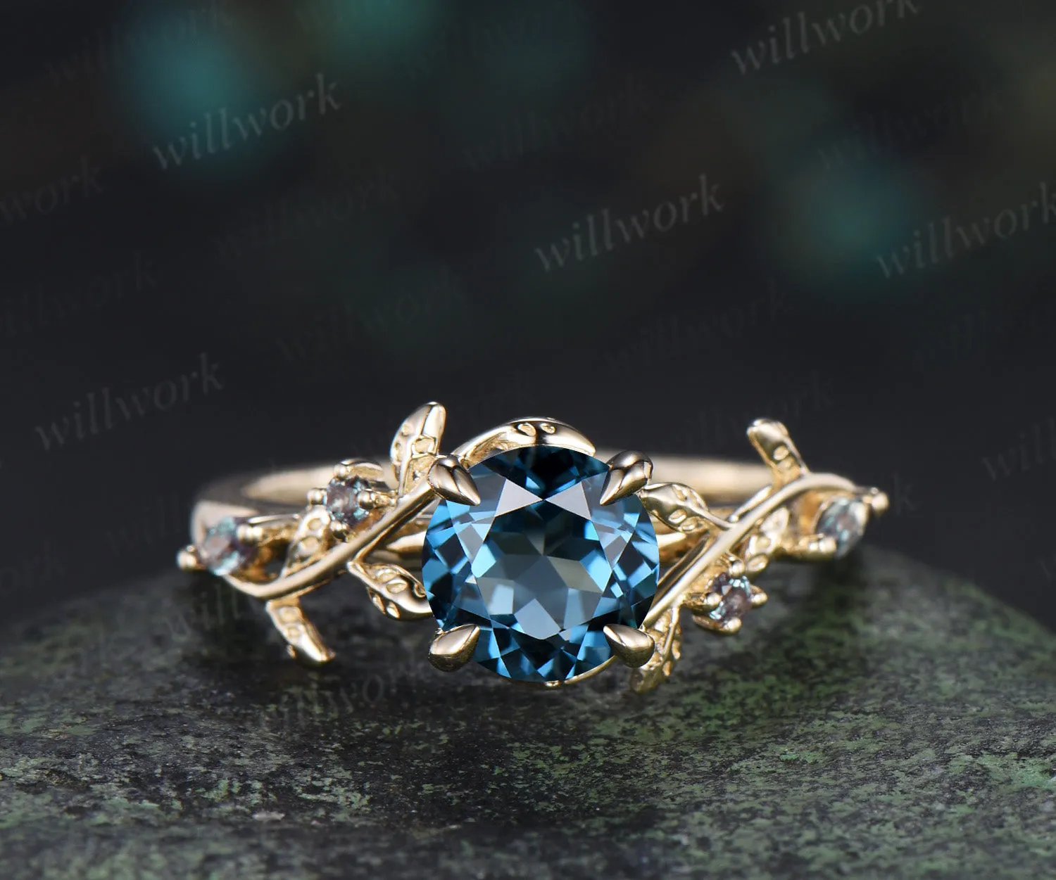 Nature inspired round London blue topaz ring set leaf twig alexandrite ring moonstone moissanite wave band bridal set sold by Willwork Jewelry product image thumbnail 5
