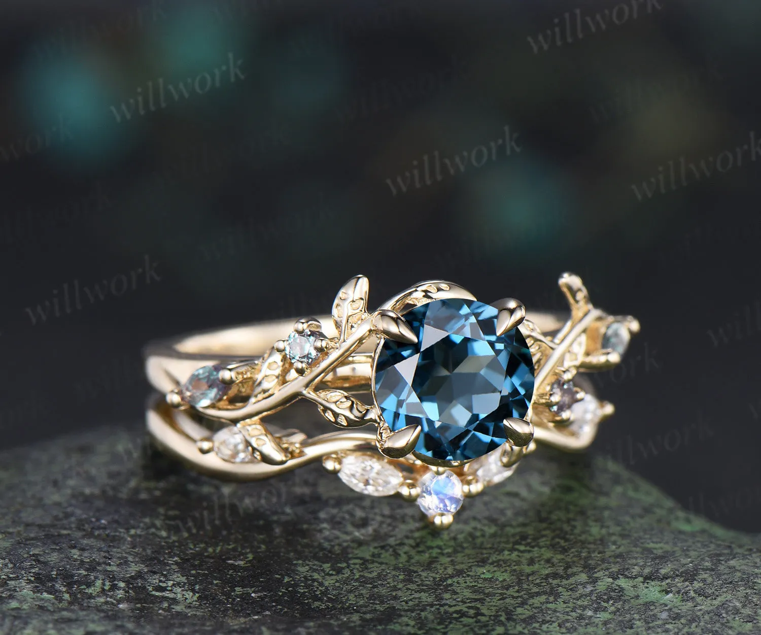 Nature inspired round London blue topaz ring set leaf twig alexandrite ring moonstone moissanite wave band bridal set sold by Willwork Jewelry product image thumbnail 4