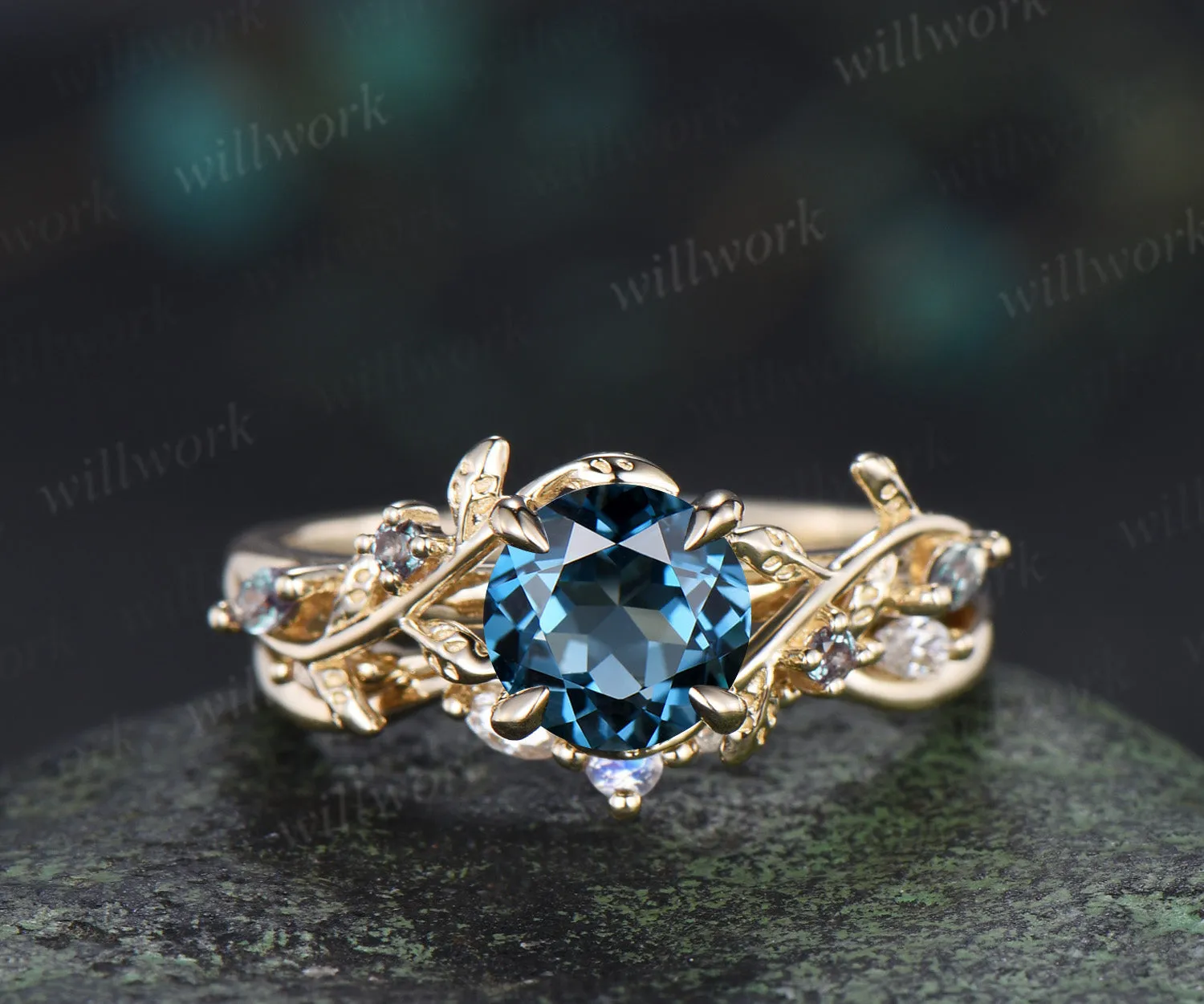 Nature inspired round London blue topaz ring set leaf twig alexandrite ring moonstone moissanite wave band bridal set sold by Willwork Jewelry