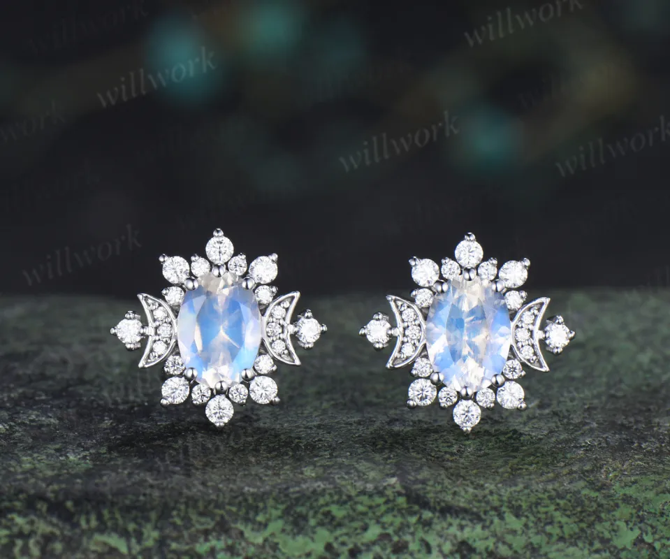 Oval cut moonstone stud earrings unique moissnanite halo art deco moon earrings jewelry gifts made by Willwork Jewelry