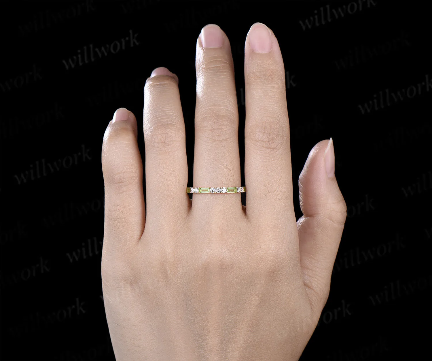 Minimalist baguette cut peridot moissanite wedding band full eternity band stackable ring for women sold by Willwork Jewelry product image thumbnail 2