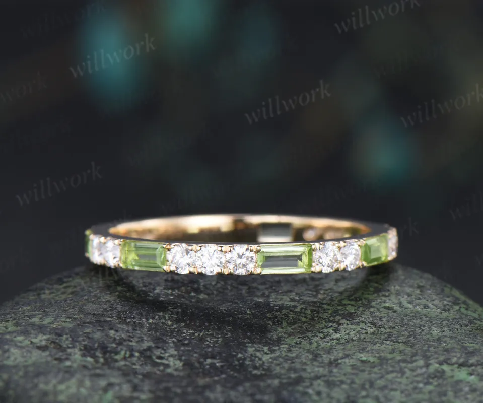 Minimalist baguette cut peridot moissanite wedding band full eternity band stackable ring for women made by Willwork Jewelry