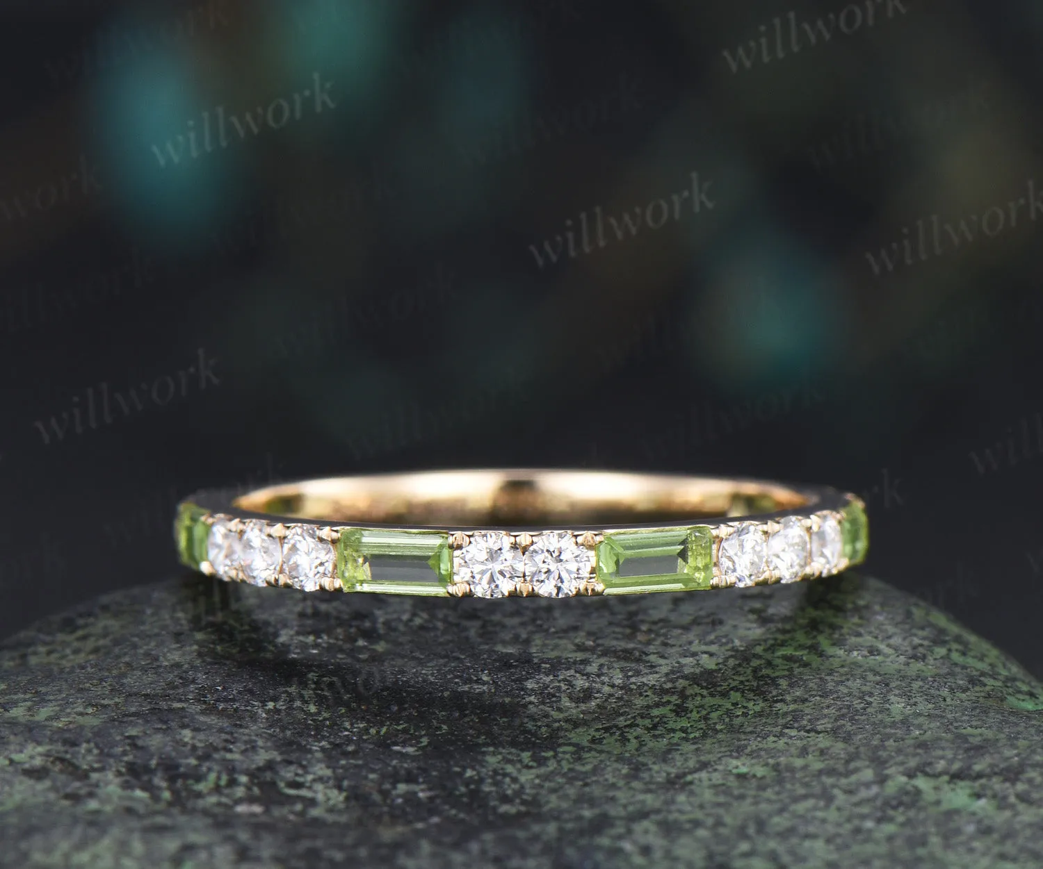Minimalist baguette cut peridot moissanite wedding band full eternity band stackable ring for women sold by Willwork Jewelry product image thumbnail 3