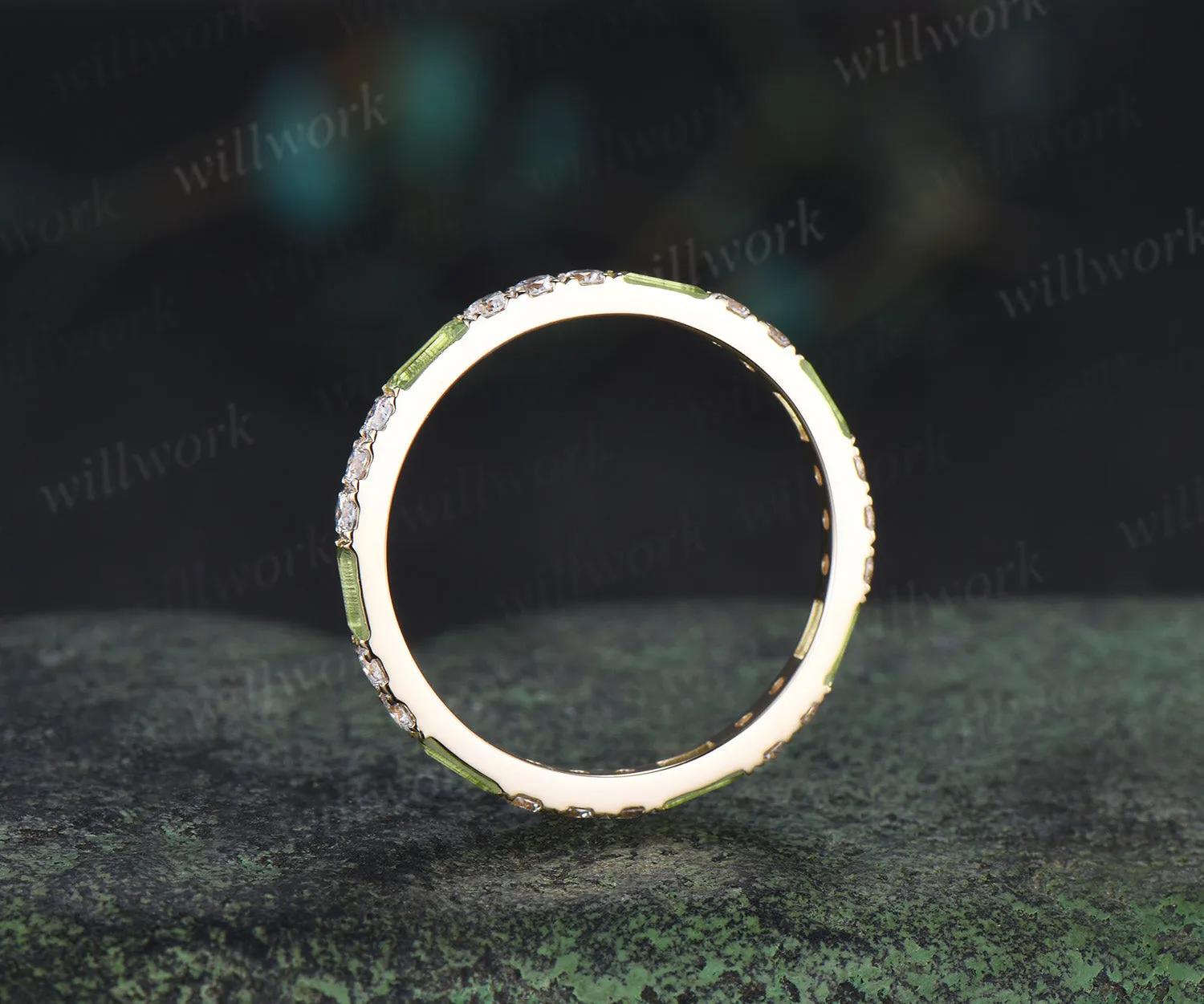 Minimalist baguette cut peridot moissanite wedding band full eternity band stackable ring for women sold by Willwork Jewelry product image thumbnail 5