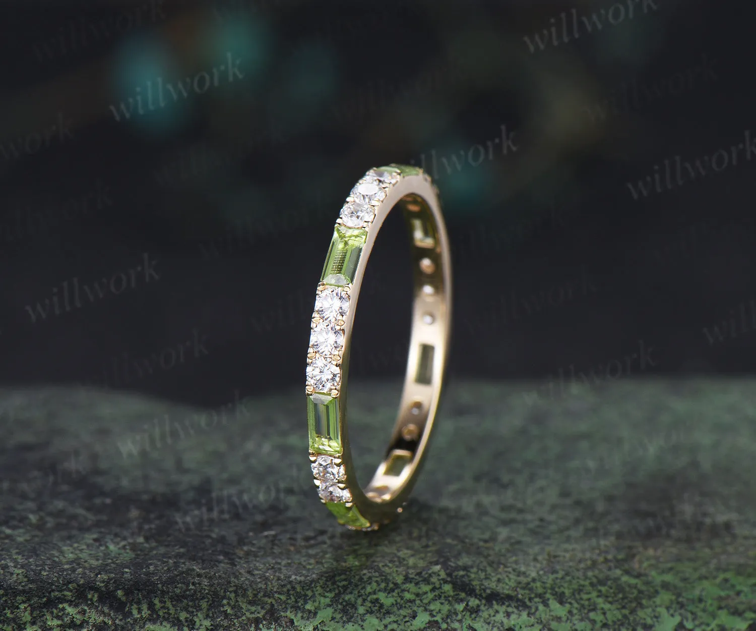Minimalist baguette cut peridot moissanite wedding band full eternity band stackable ring for women sold by Willwork Jewelry product image thumbnail 4