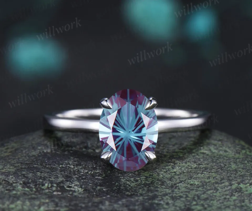 2ct oval fireworks cut Alexandrite engagement ring solitaire minimalist color change gemstone wedding ring gift women sold by Willwork Jewelry