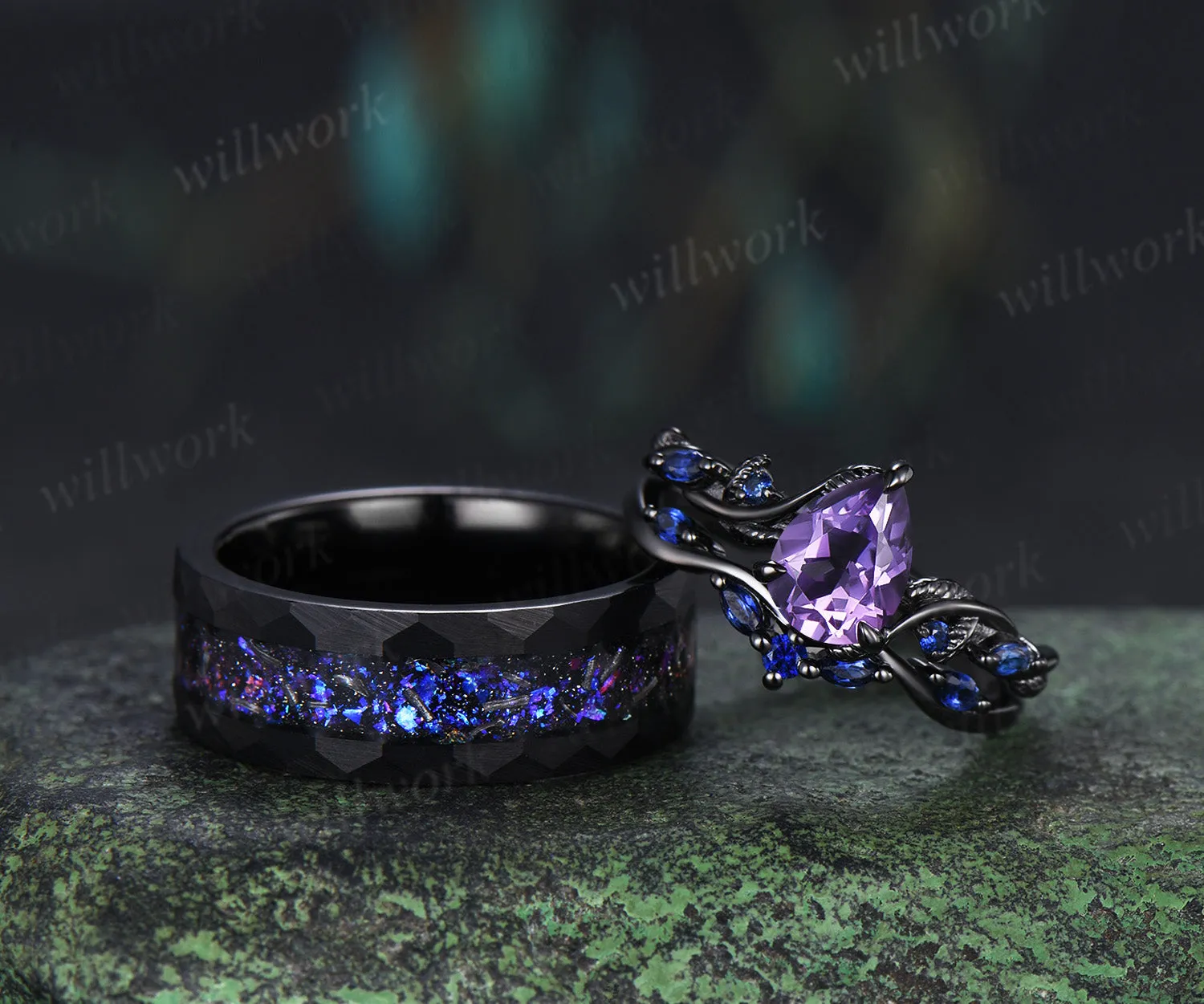 Leaf Pear Amethyst Accent Sapphires Bridal Ring Set & Tungsten Galaxy Nebula Mens Band Couple Ring Set sold by Willwork Jewelry product image thumbnail 3