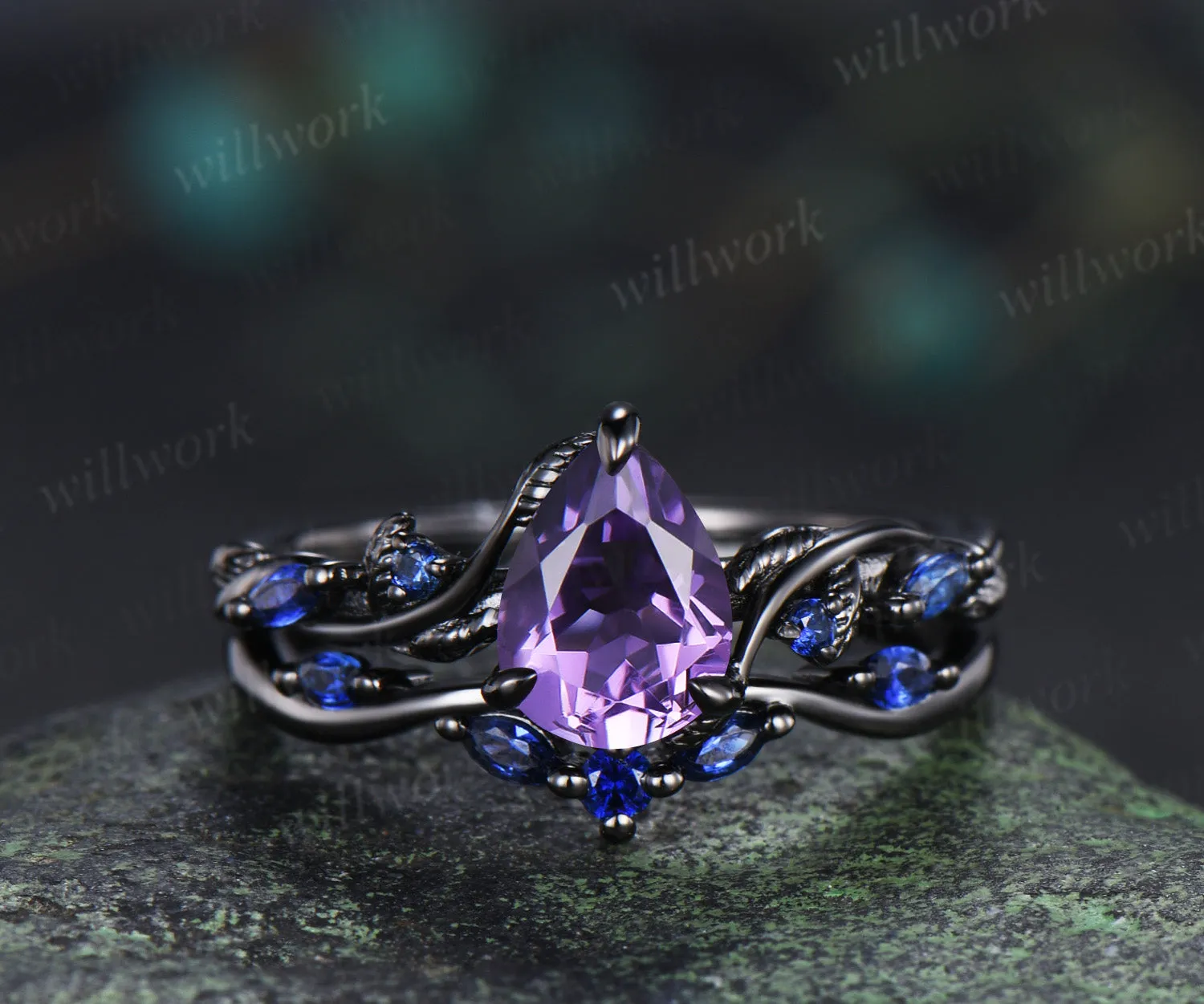 Leaf Pear Amethyst Accent Sapphires Bridal Ring Set & Tungsten Galaxy Nebula Mens Band Couple Ring Set sold by Willwork Jewelry product image thumbnail 5