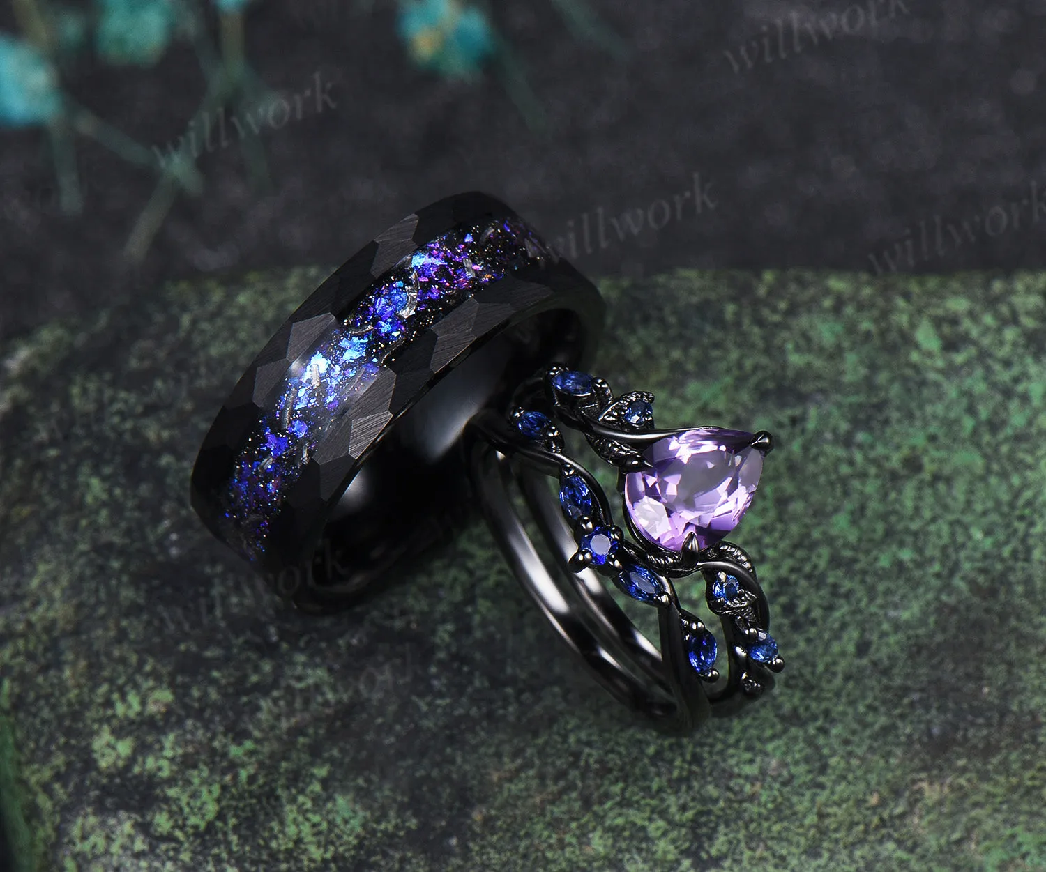 Leaf Pear Amethyst Accent Sapphires Bridal Ring Set & Tungsten Galaxy Nebula Mens Band Couple Ring Set sold by Willwork Jewelry