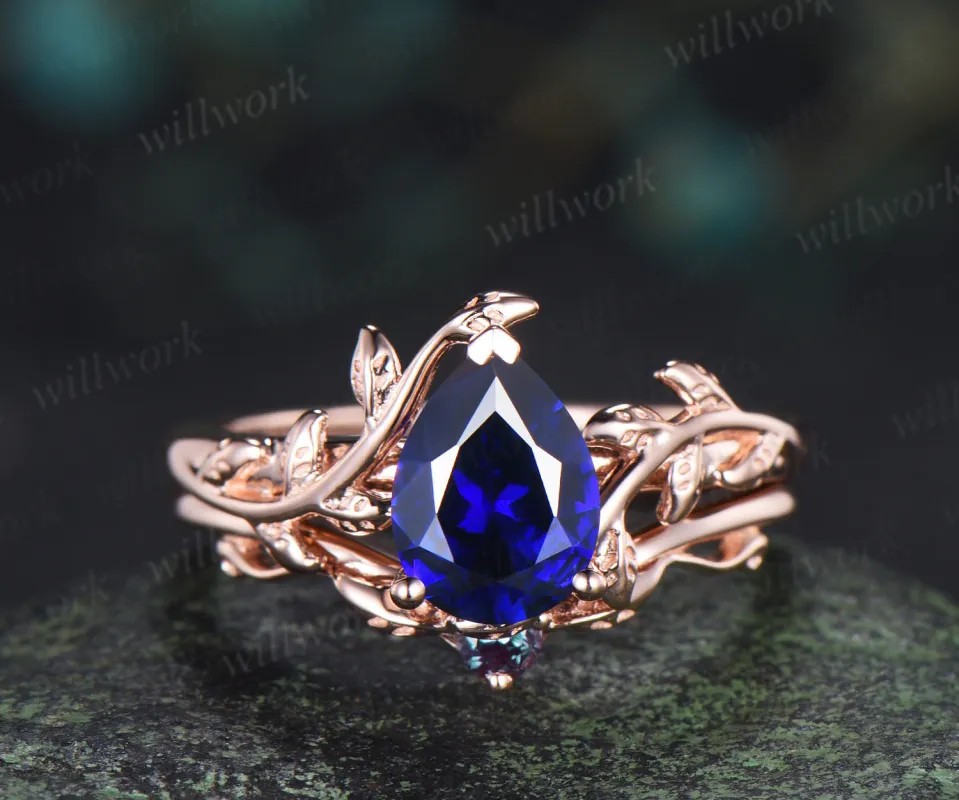 Pear sapphire leaf engagement ring set vintage solitaire twig ring alexandrite matching band bridal set sold by Willwork Jewelry