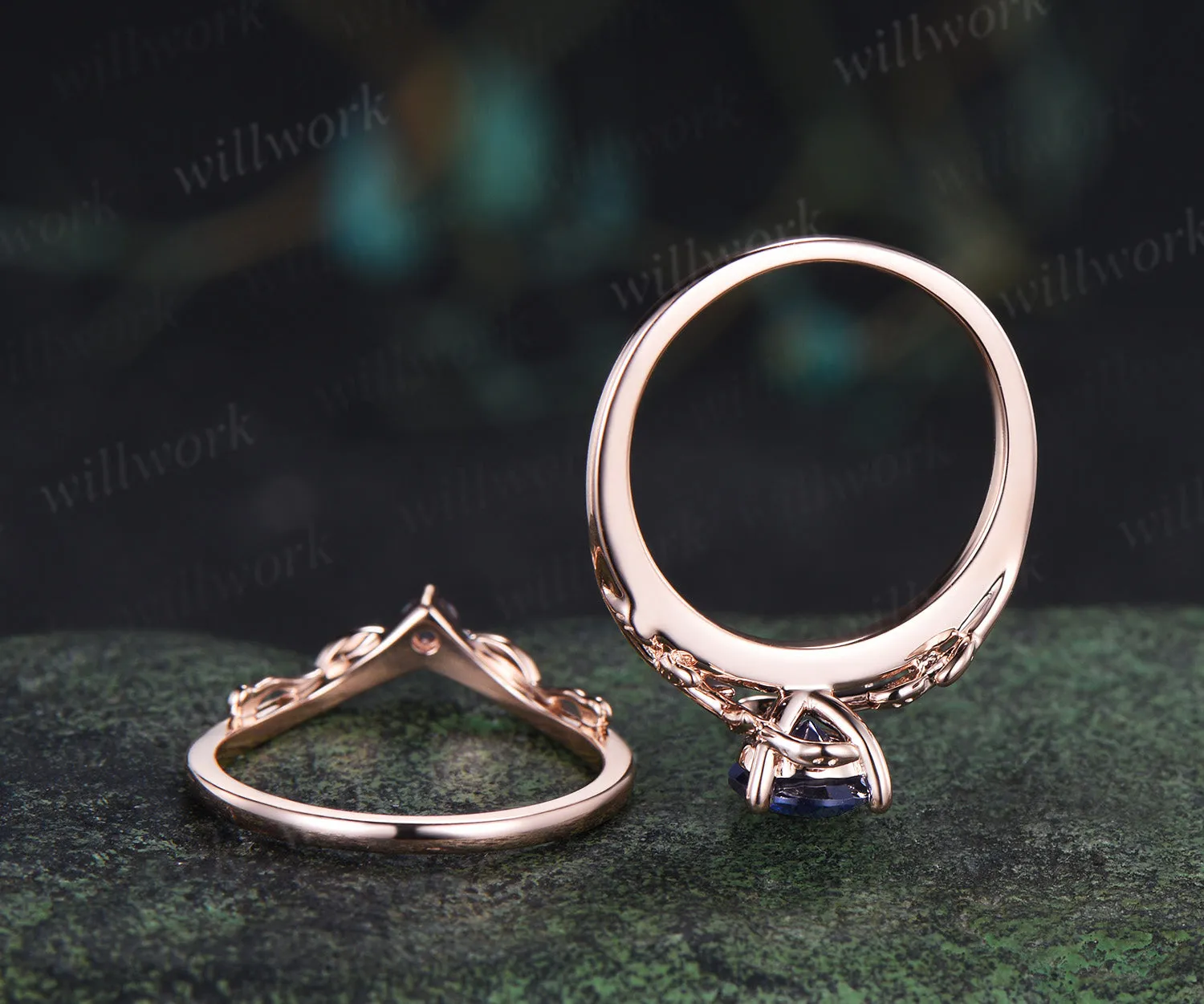 Pear sapphire leaf engagement ring set vintage solitaire twig ring alexandrite matching band bridal set sold by Willwork Jewelry product image thumbnail 5