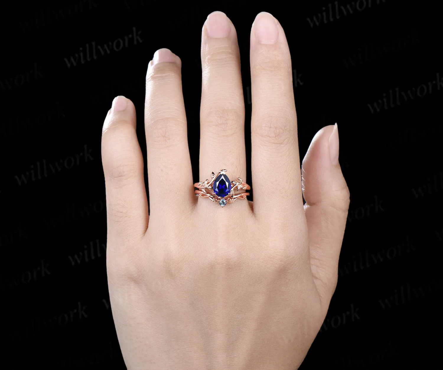 Pear sapphire leaf engagement ring set vintage solitaire twig ring alexandrite matching band bridal set sold by Willwork Jewelry product image thumbnail 2