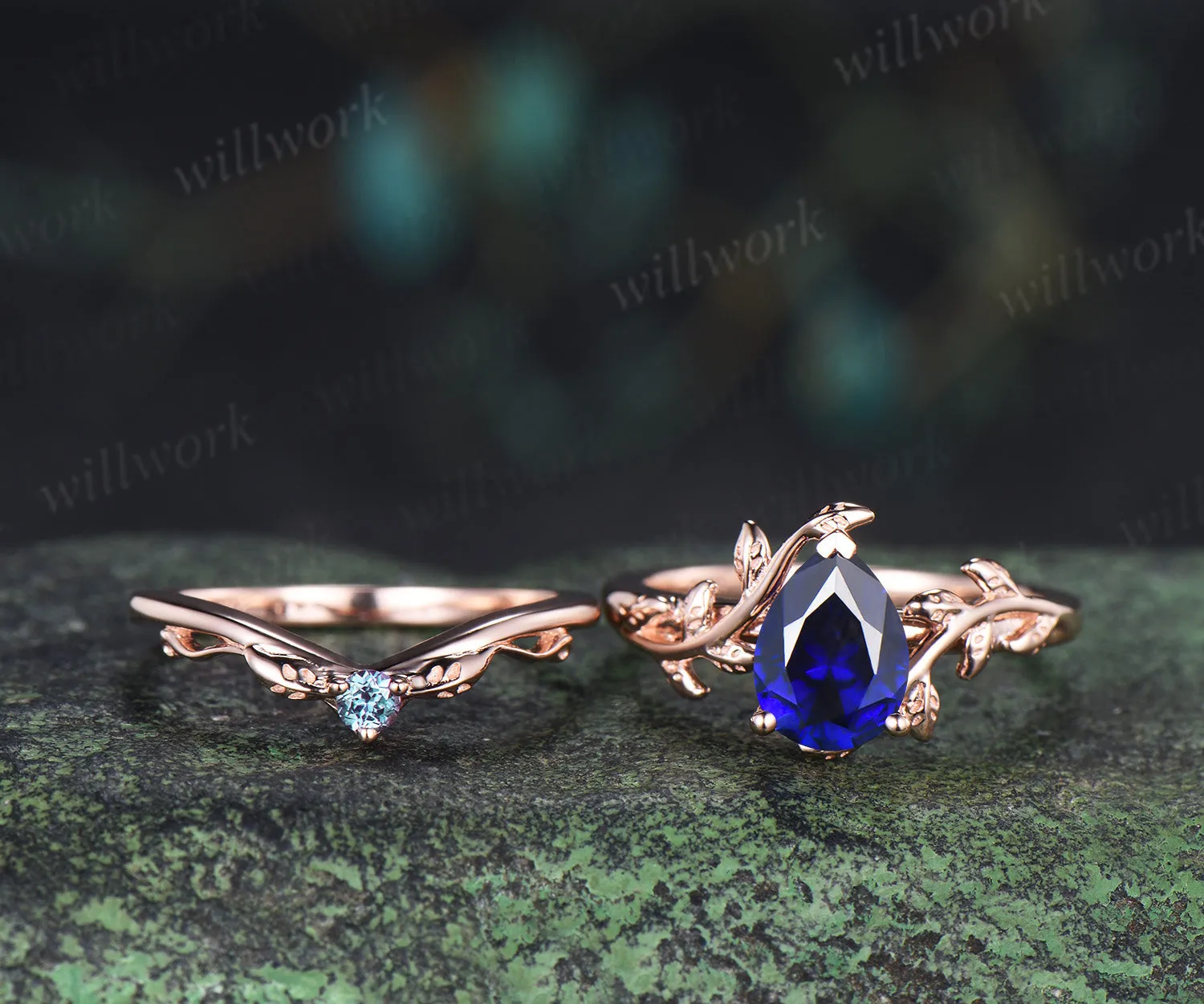Pear sapphire leaf engagement ring set vintage solitaire twig ring alexandrite matching band bridal set sold by Willwork Jewelry product image thumbnail 4