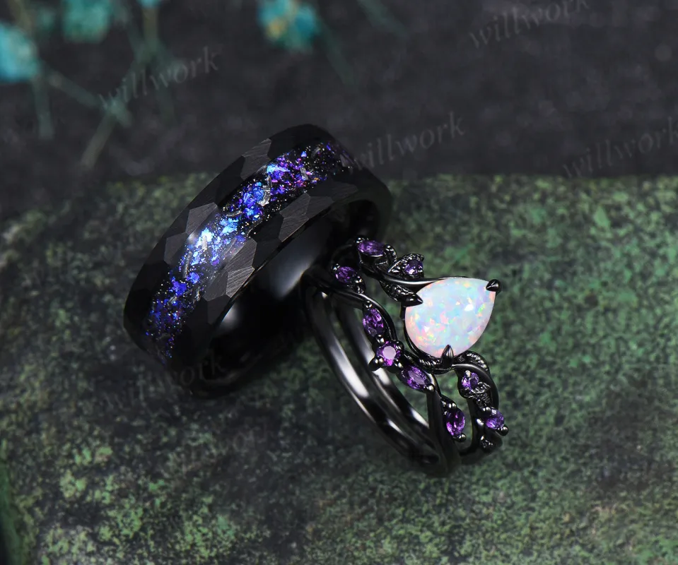 Leaf Pear Opal Amethyst Engagement Ring Set & Tungsten Galaxy Nebula Mens Band Unique Couple Ring Set sold by Willwork Jewelry