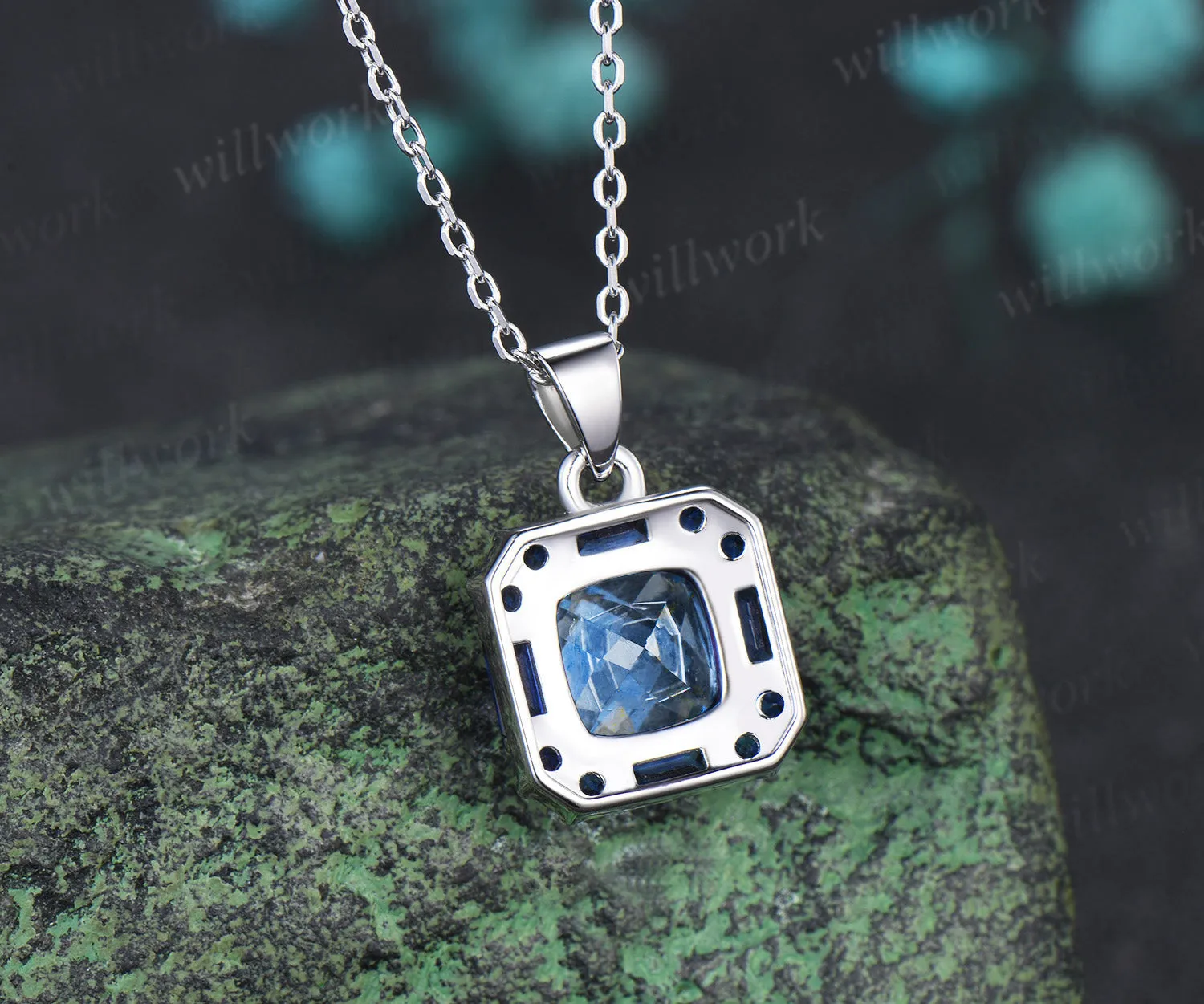 2ct cushion cut natural aquamarine pendant necklace blue sapphire halo pendant personalized jewelry gift sold by Willwork Jewelry product image thumbnail 4