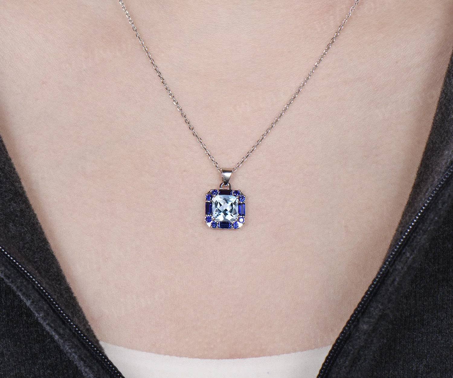 2ct cushion cut natural aquamarine pendant necklace blue sapphire halo pendant personalized jewelry gift sold by Willwork Jewelry product image thumbnail 2