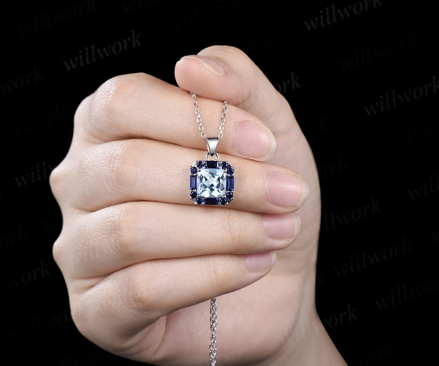 2ct cushion cut natural aquamarine pendant necklace blue sapphire halo pendant personalized jewelry gift sold by Willwork Jewelry product image thumbnail 5