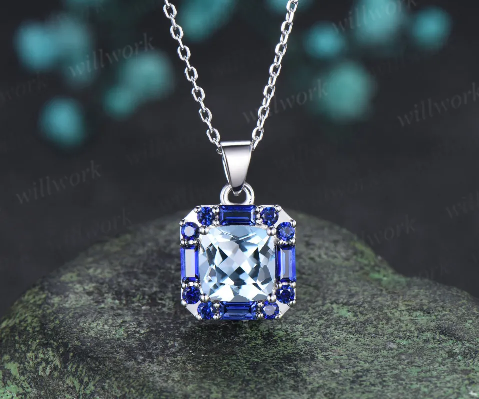 2ct cushion cut natural aquamarine pendant necklace blue sapphire halo pendant personalized jewelry gift sold by Willwork Jewelry