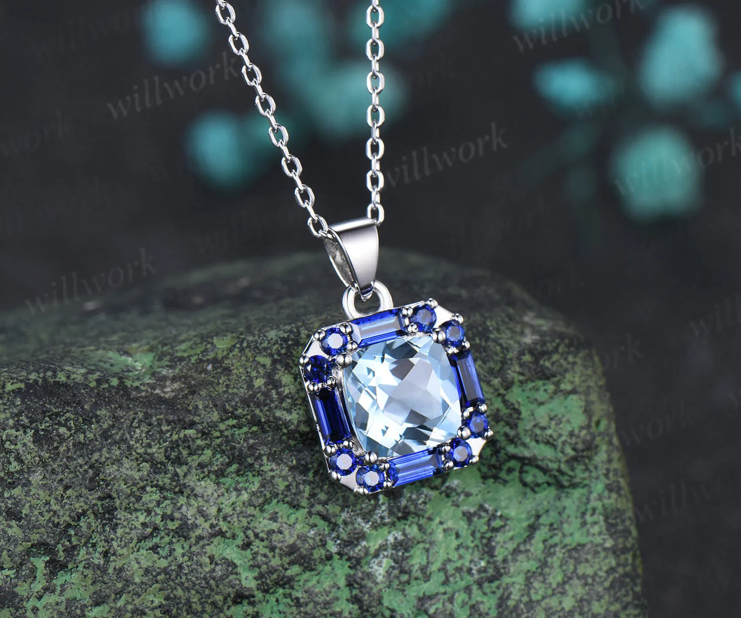 2ct cushion cut natural aquamarine pendant necklace blue sapphire halo pendant personalized jewelry gift sold by Willwork Jewelry product image thumbnail 3