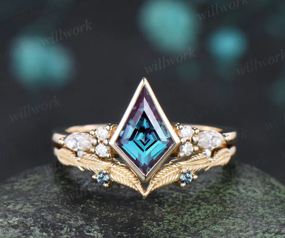 Vintage kite cut alexandrite engagement ring bezel setting seven stone ring leaf alexandrite matching band bridal set sold by Willwork Jewelry