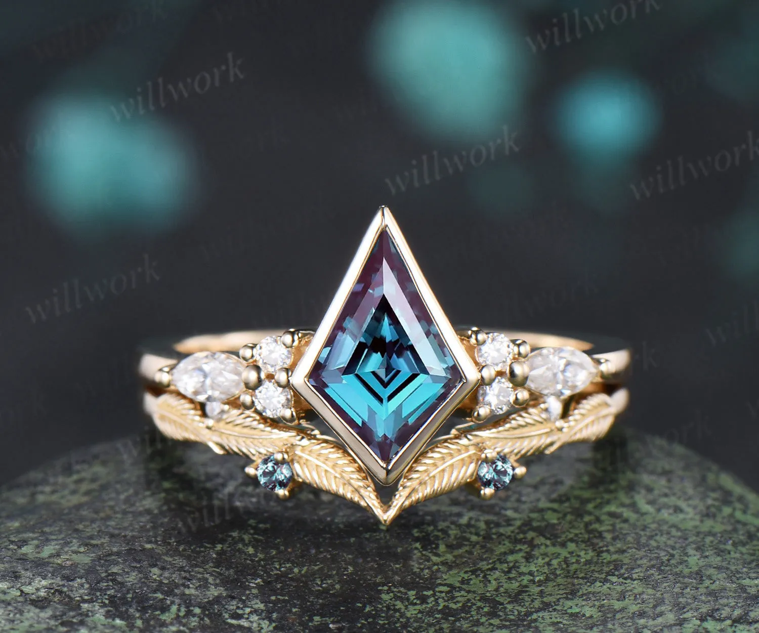 Vintage kite cut alexandrite engagement ring bezel setting seven stone ring leaf alexandrite matching band bridal set sold by Willwork Jewelry