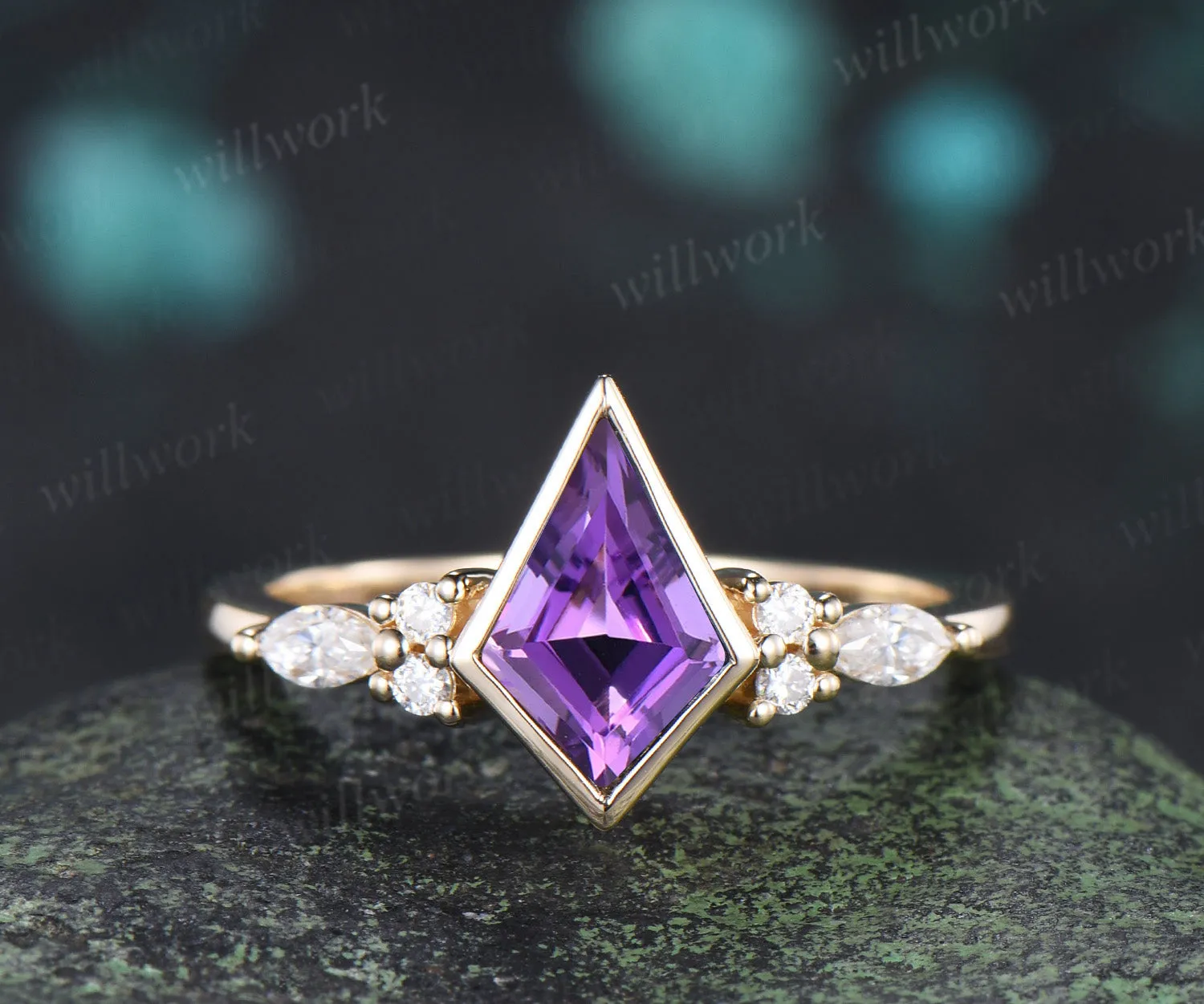 Kite cut amethyst engagement ring bezel setting seven stone ring leaf amethyst matching band bridal set sold by Willwork Jewelry product image thumbnail 4