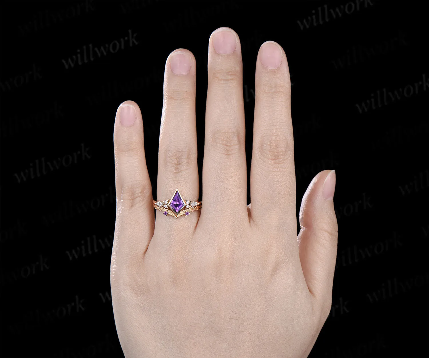 Kite cut amethyst engagement ring bezel setting seven stone ring leaf amethyst matching band bridal set sold by Willwork Jewelry product image thumbnail 2