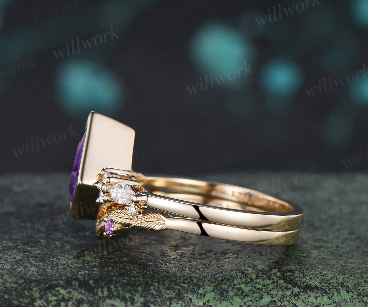 Kite cut amethyst engagement ring bezel setting seven stone ring leaf amethyst matching band bridal set sold by Willwork Jewelry product image thumbnail 5