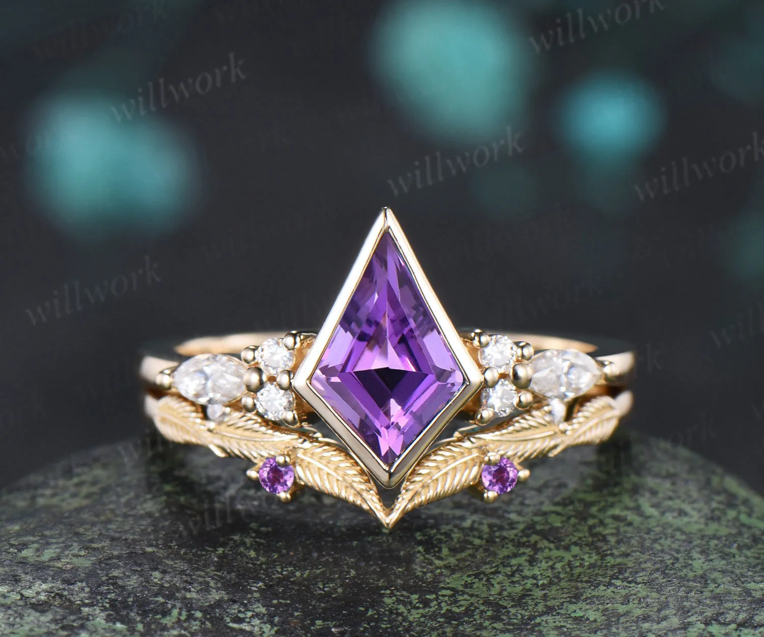 Kite cut amethyst engagement ring bezel setting seven stone ring leaf amethyst matching band bridal set sold by Willwork Jewelry