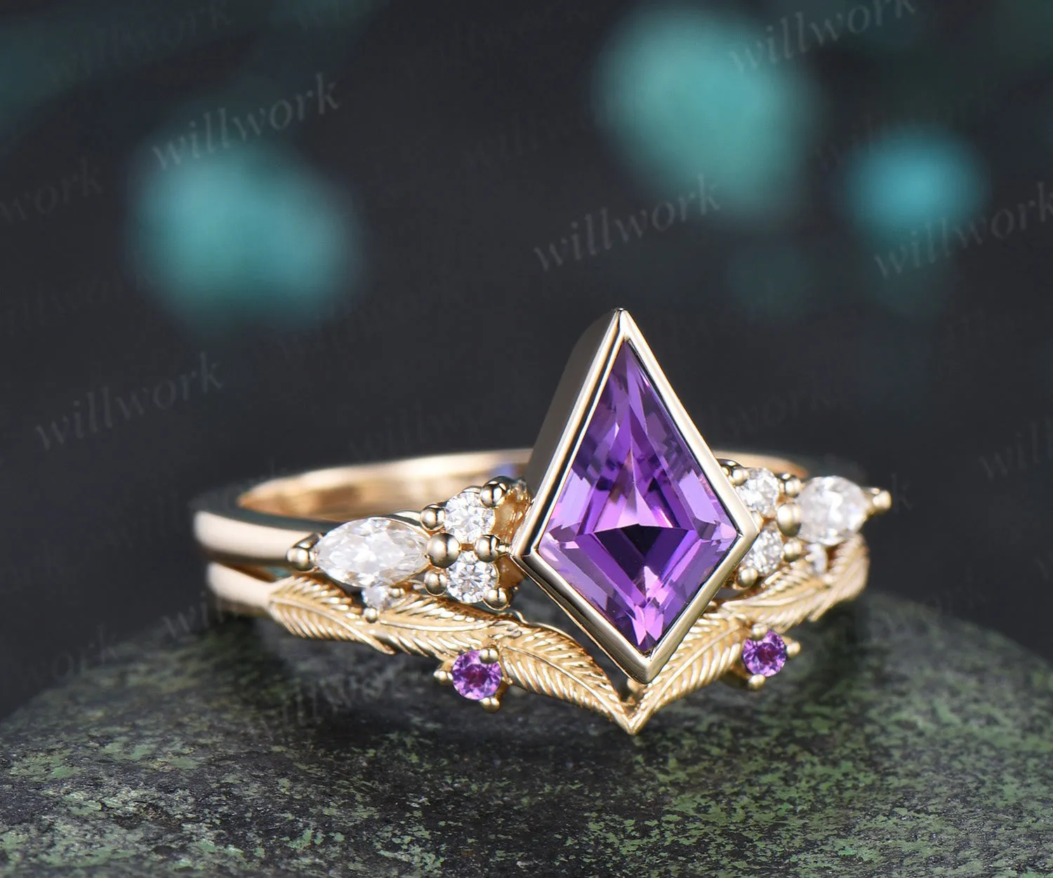 Kite cut amethyst engagement ring bezel setting seven stone ring leaf amethyst matching band bridal set sold by Willwork Jewelry product image thumbnail 3