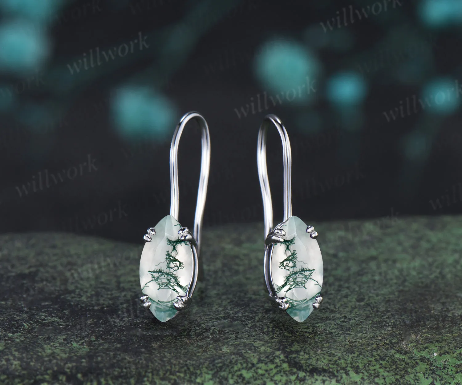 Marquise cut natural moss agate drop earrings minimalist 8 prongs moss agate hook earrings gifts for women sold by Willwork Jewelry product image thumbnail 3