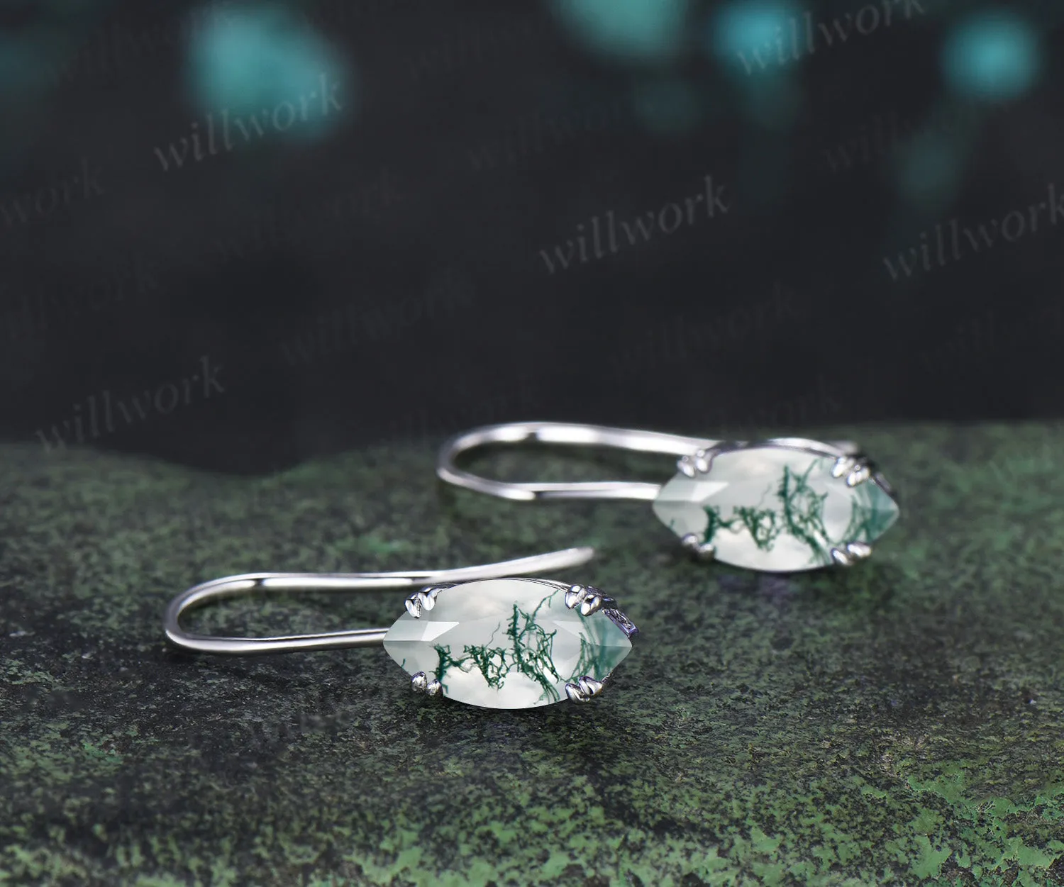 Marquise cut natural moss agate drop earrings minimalist 8 prongs moss agate hook earrings gifts for women sold by Willwork Jewelry product image thumbnail 5