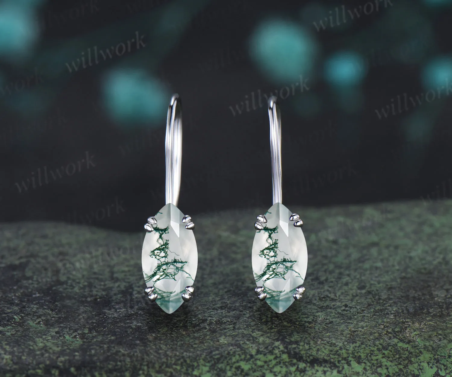 Marquise cut natural moss agate drop earrings minimalist 8 prongs moss agate hook earrings gifts for women sold by Willwork Jewelry