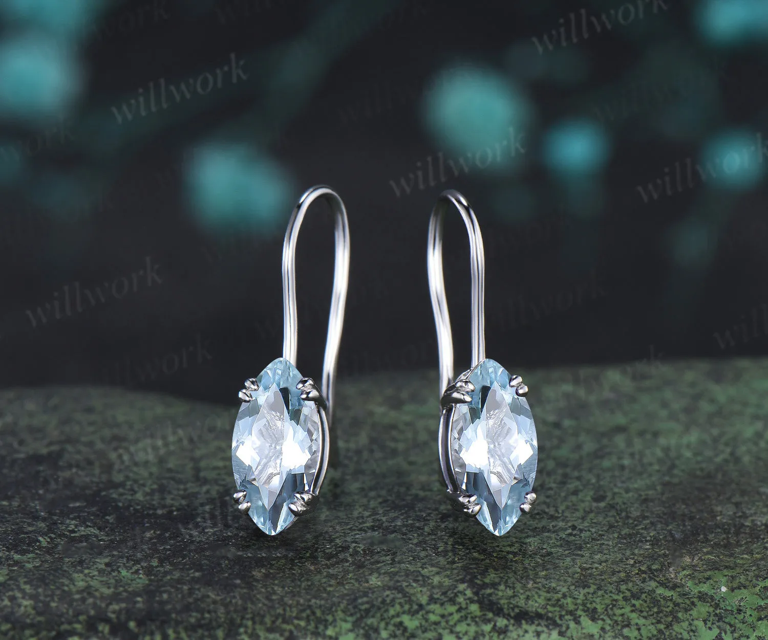 Marquise cut natural aquamarine drop earrings minimalist blue gemstone hook earrings March jewelry gifts sold by Willwork Jewelry product image thumbnail 3