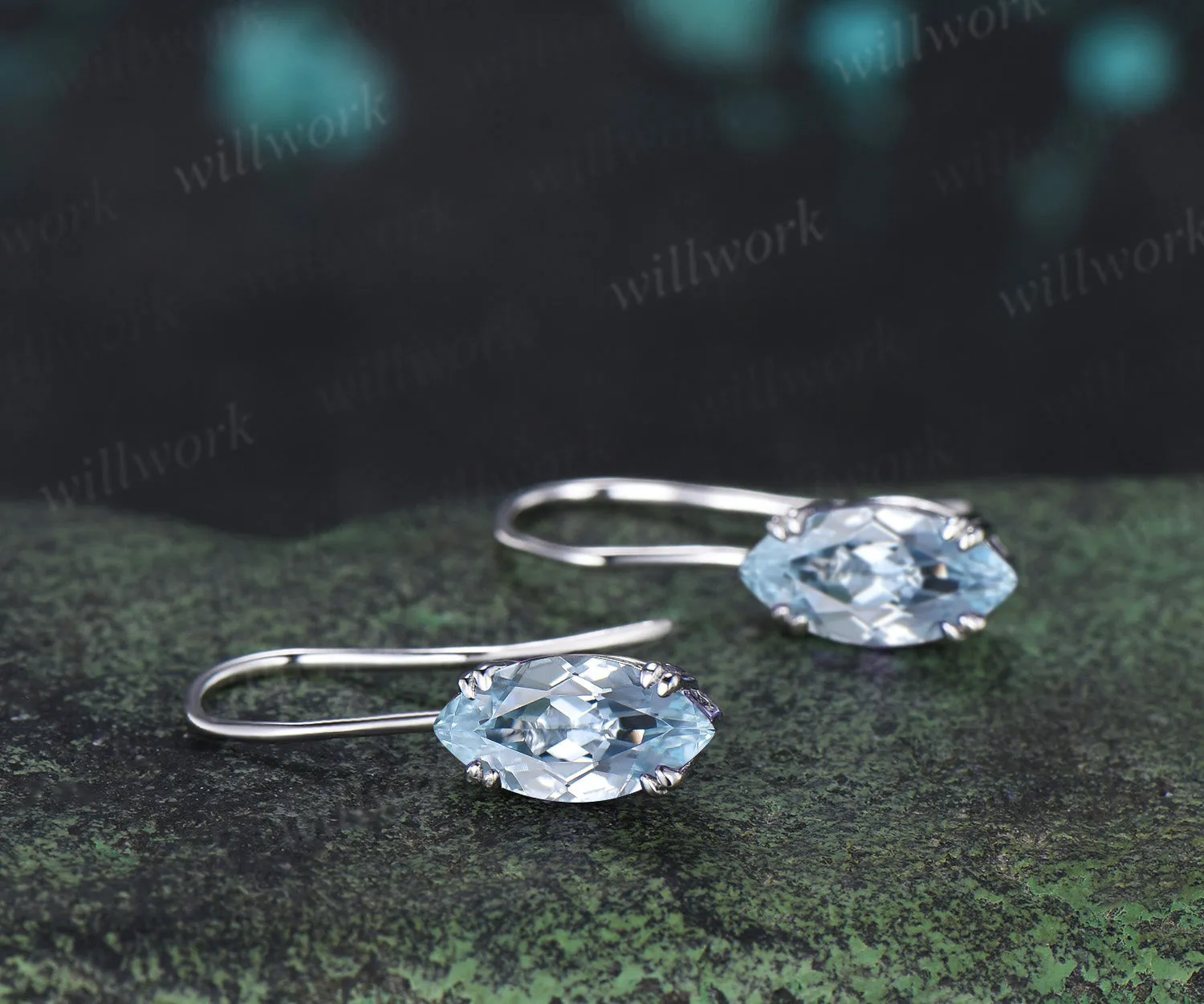 Marquise cut natural aquamarine drop earrings minimalist blue gemstone hook earrings March jewelry gifts sold by Willwork Jewelry product image thumbnail 5
