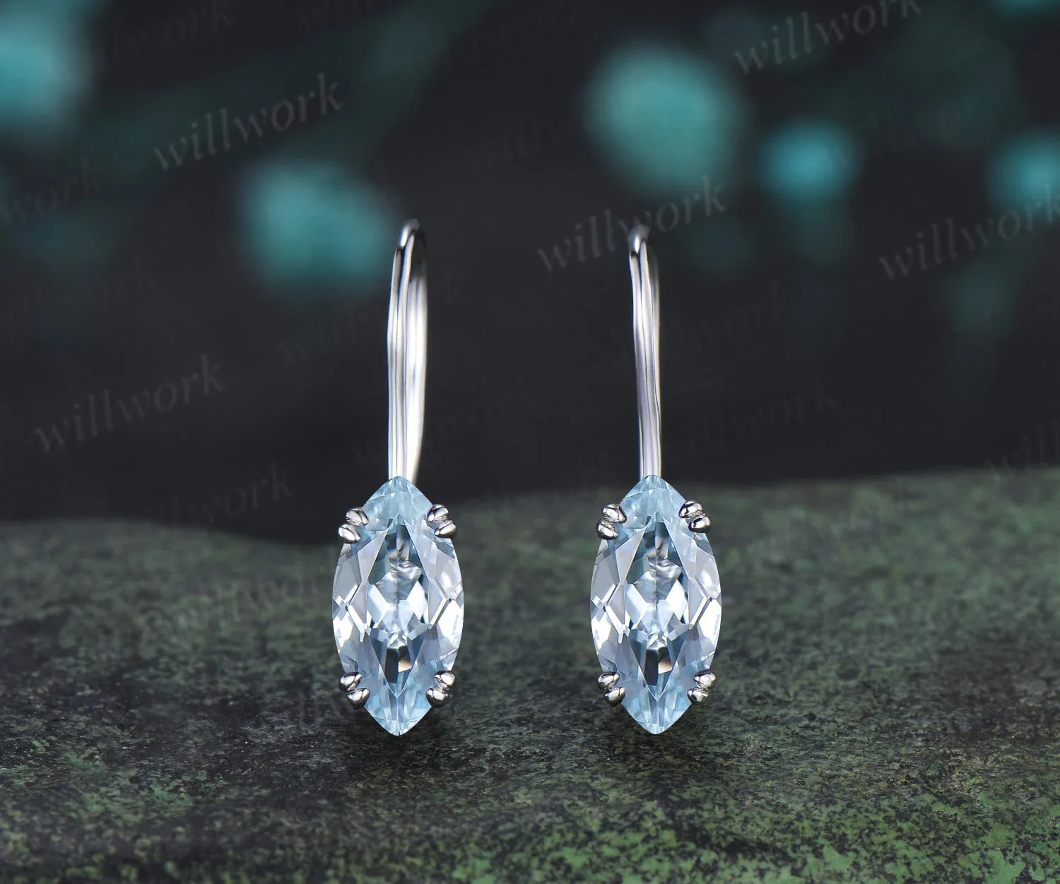 Marquise cut natural aquamarine drop earrings minimalist blue gemstone hook earrings March jewelry gifts sold by Willwork Jewelry