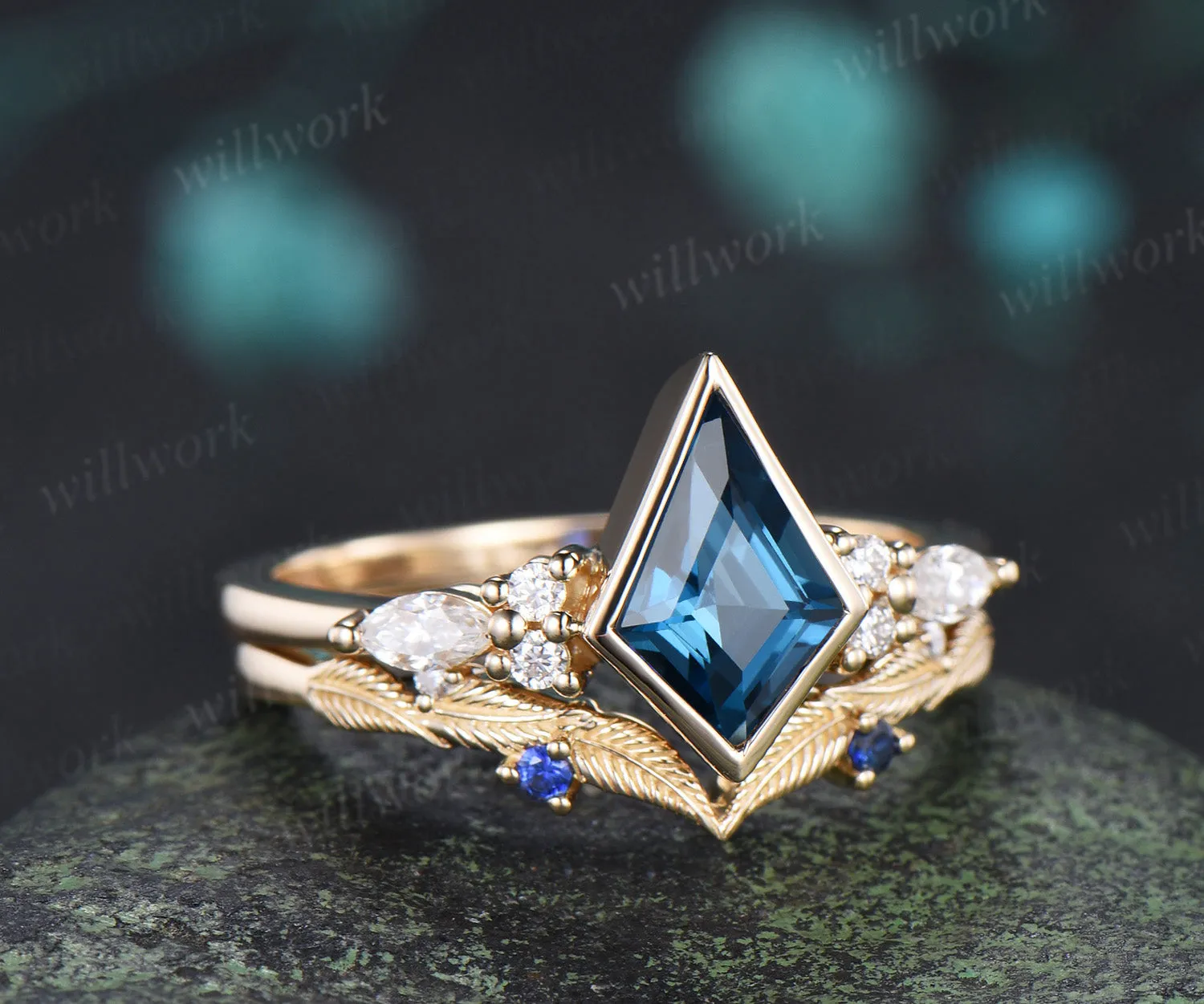 Kite cut London blue topaz engagement ring bezel setting seven stone ring leaf sapphire matching band bridal set sold by Willwork Jewelry product image thumbnail 3