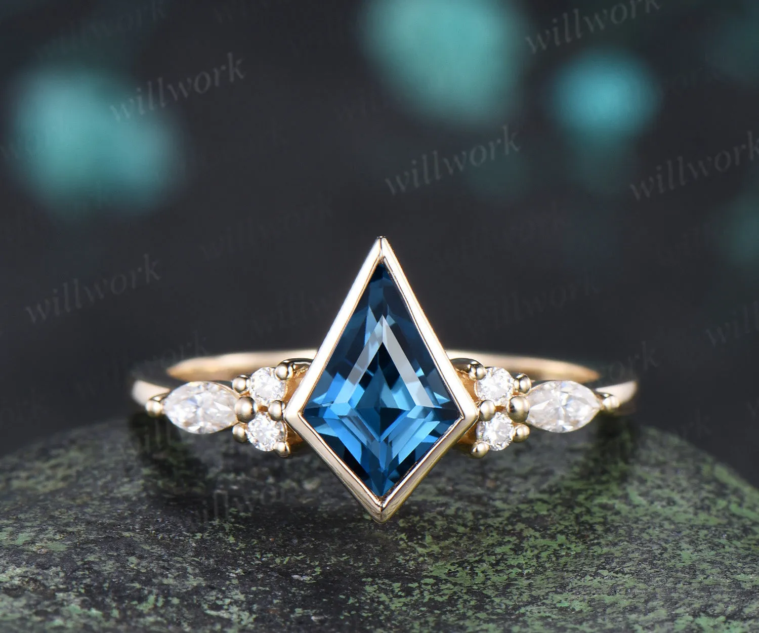 Kite cut London blue topaz engagement ring bezel setting seven stone ring leaf sapphire matching band bridal set sold by Willwork Jewelry product image thumbnail 4