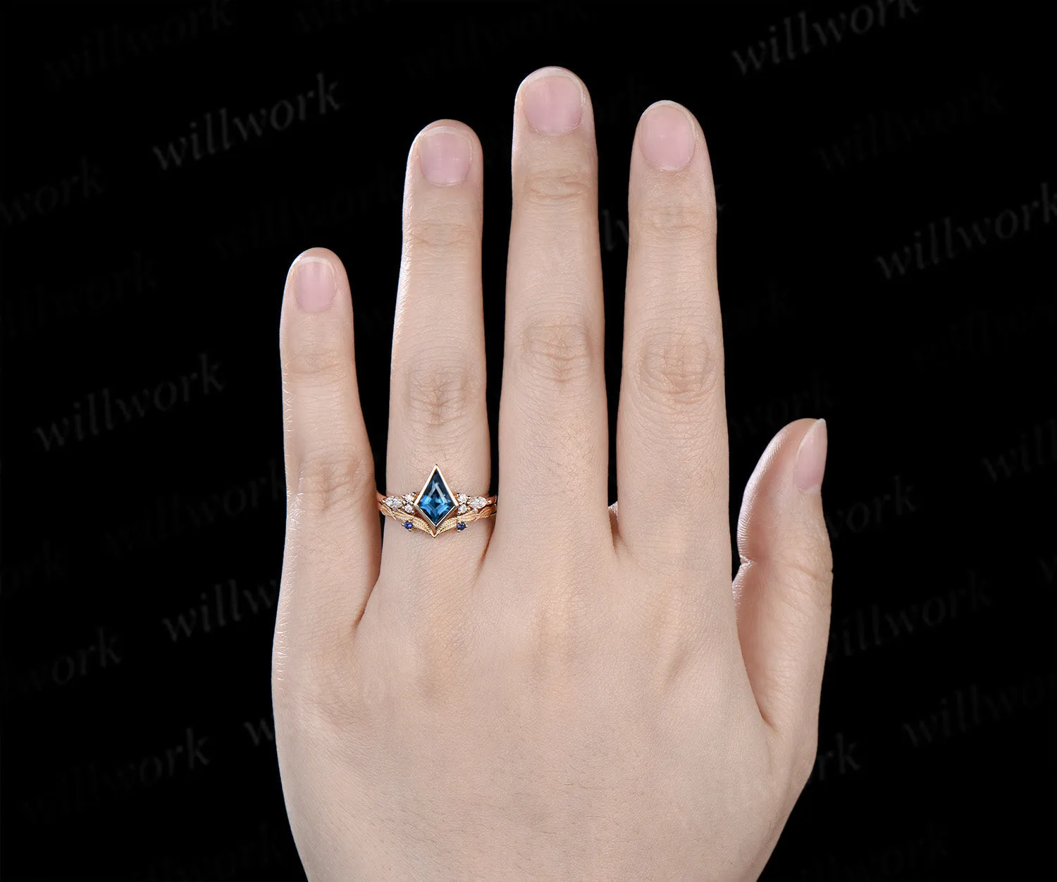 Kite cut London blue topaz engagement ring bezel setting seven stone ring leaf sapphire matching band bridal set sold by Willwork Jewelry product image thumbnail 2